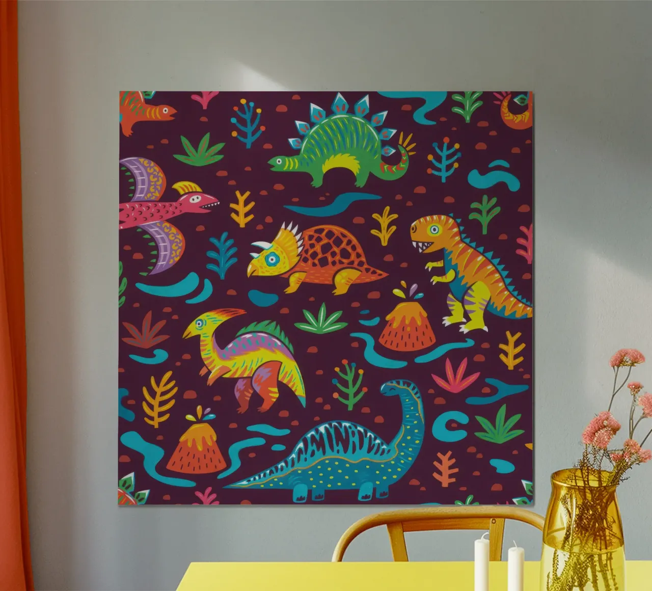 Patrón sin fisuras con dinosaurios de dibujos animados poster con marco de madera de muench benjamin
