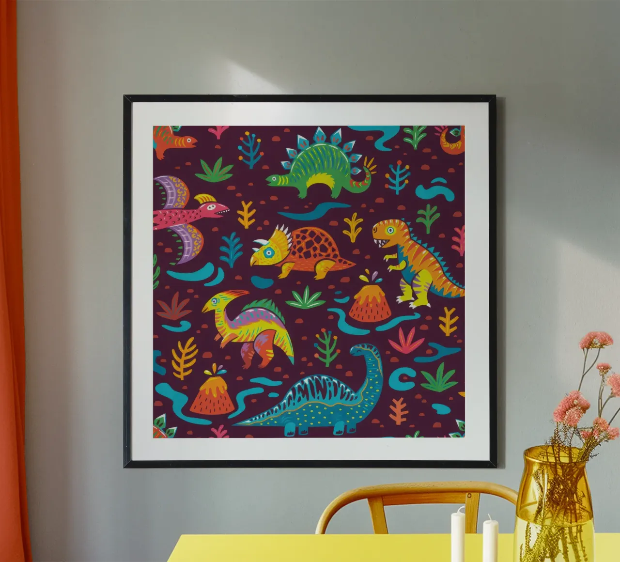 Patrón sin fisuras con dinosaurios de dibujos animados poster con marco de madera de muench benjamin