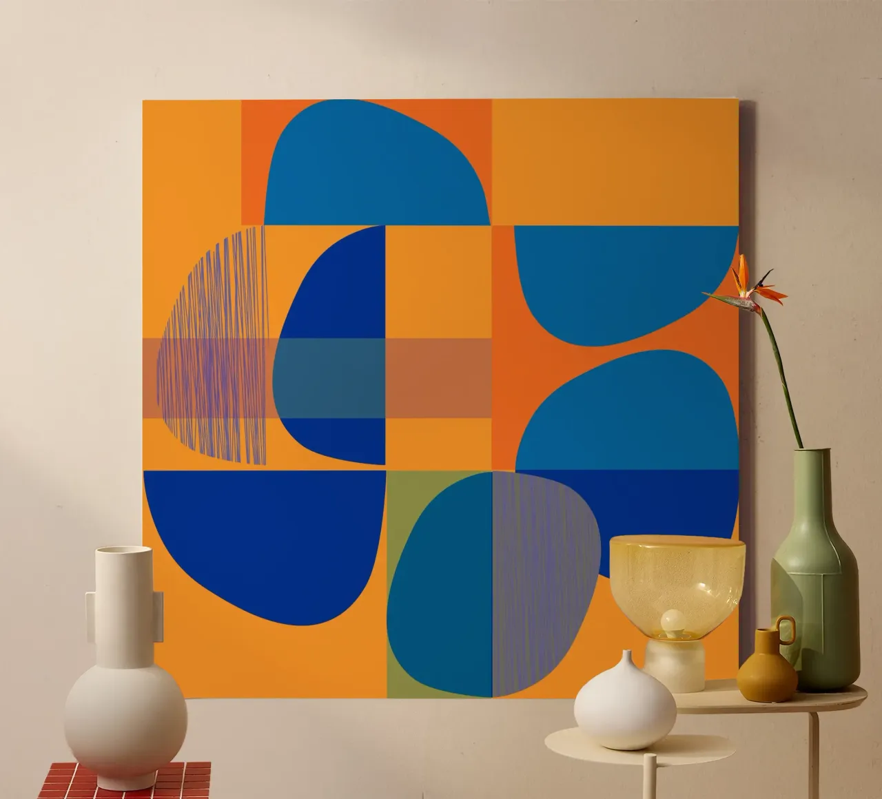 Abstract in blauw en oranje canvas met Baklijst van MirimoArt