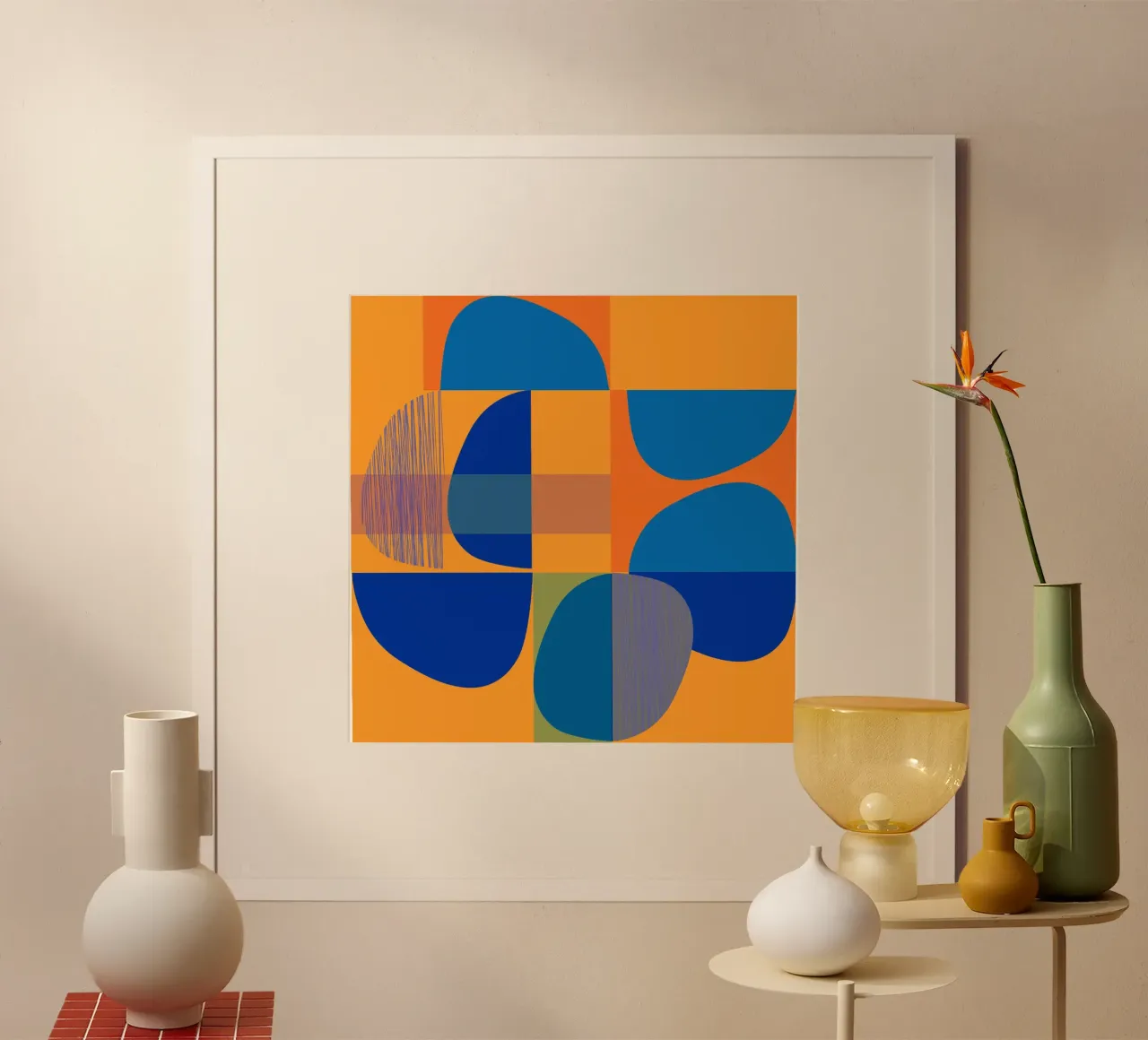Astratto in blu e arancione poster con telaio in plastica da MirimoArt