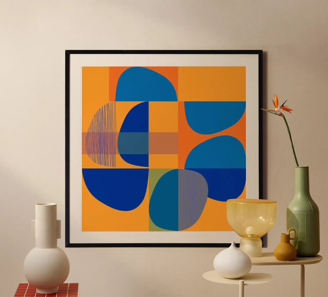 Astratto in blu e arancione poster con telaio in plastica da MirimoArt