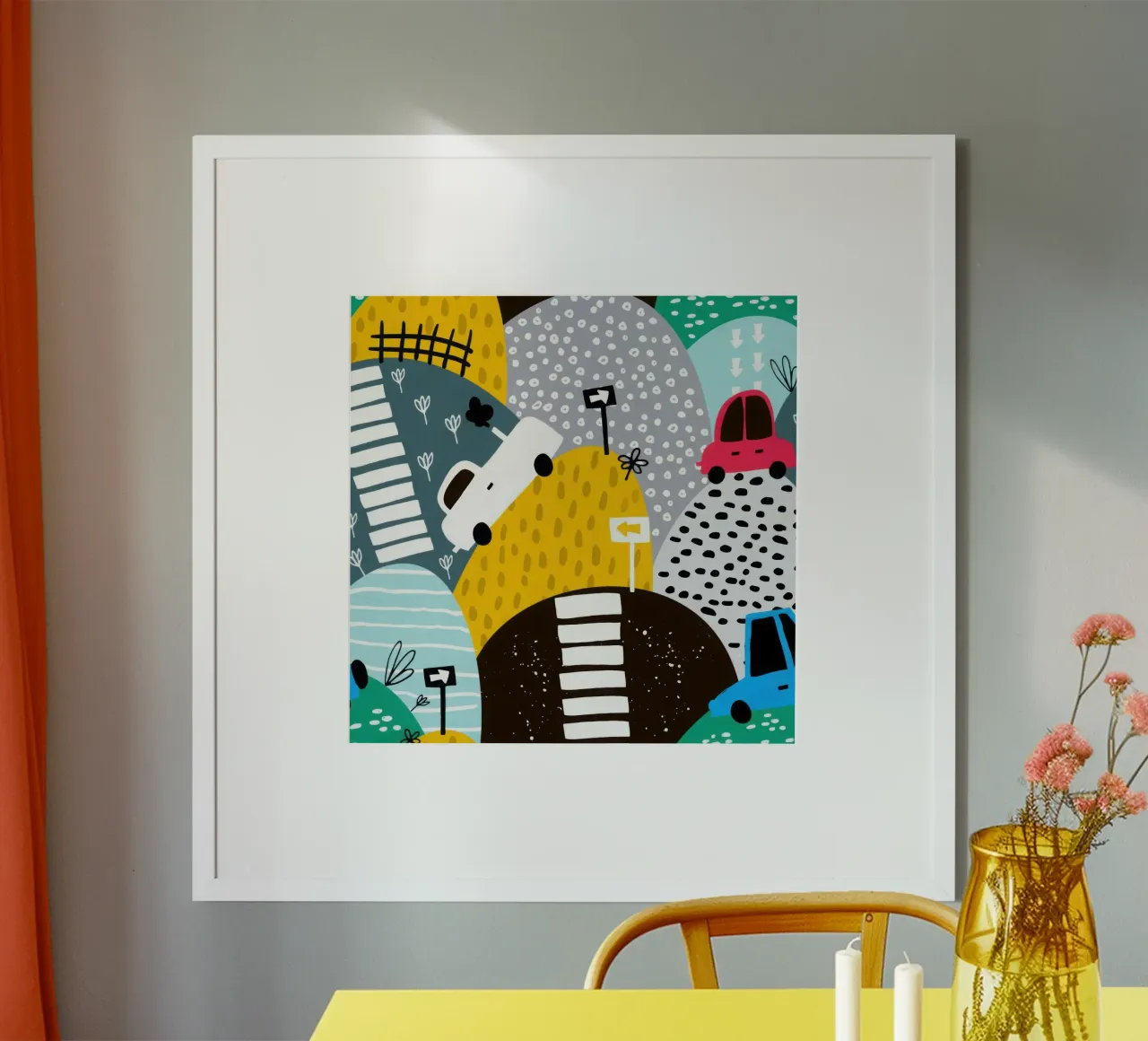 Motivo senza cuciture con auto e colline disegnate a mano poster con telaio in plastica da muench benjamin