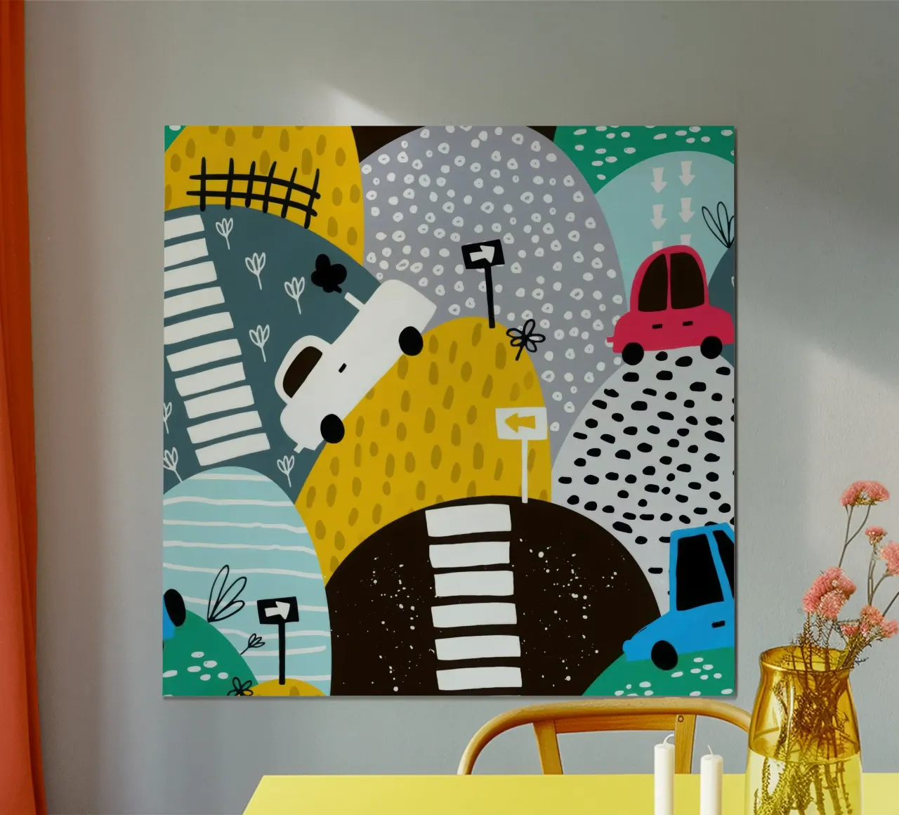 Motivo senza cuciture con auto e colline disegnate a mano poster con telaio in plastica da muench benjamin
