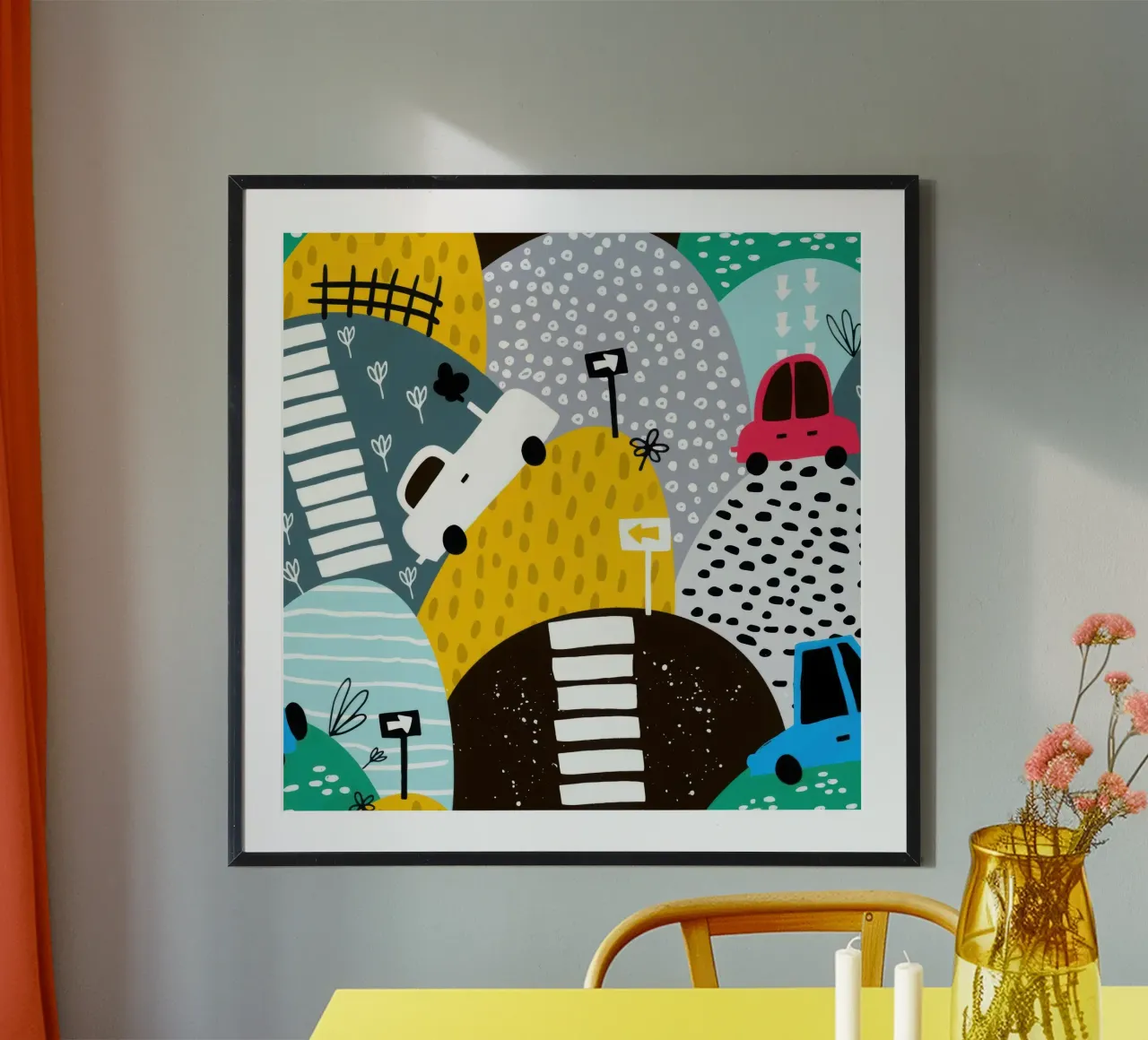 Motivo senza cuciture con auto e colline disegnate a mano poster con telaio in plastica da muench benjamin