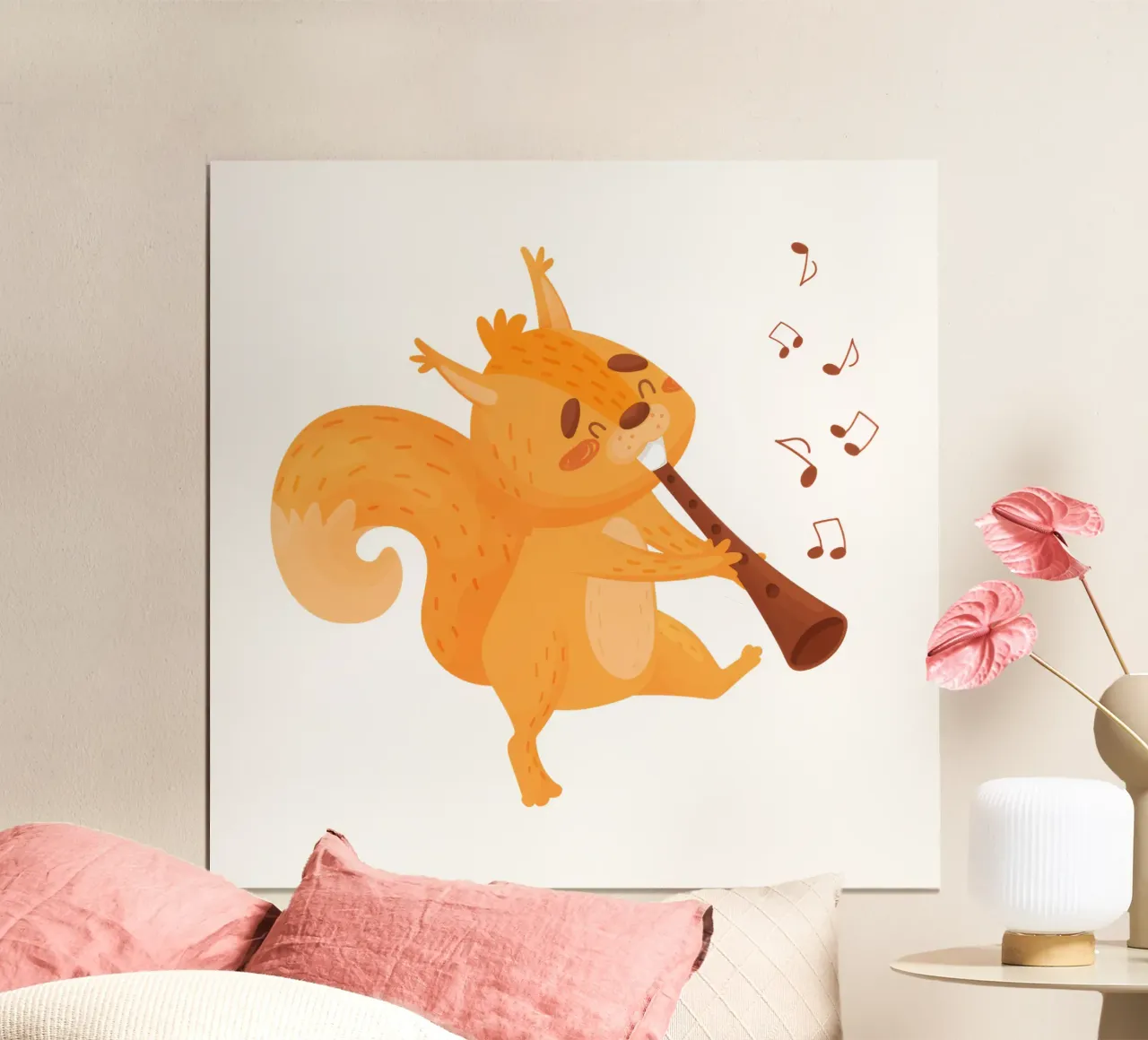Scoiattolo arancione con flauto poster con telaio in alluminio da muench benjamin