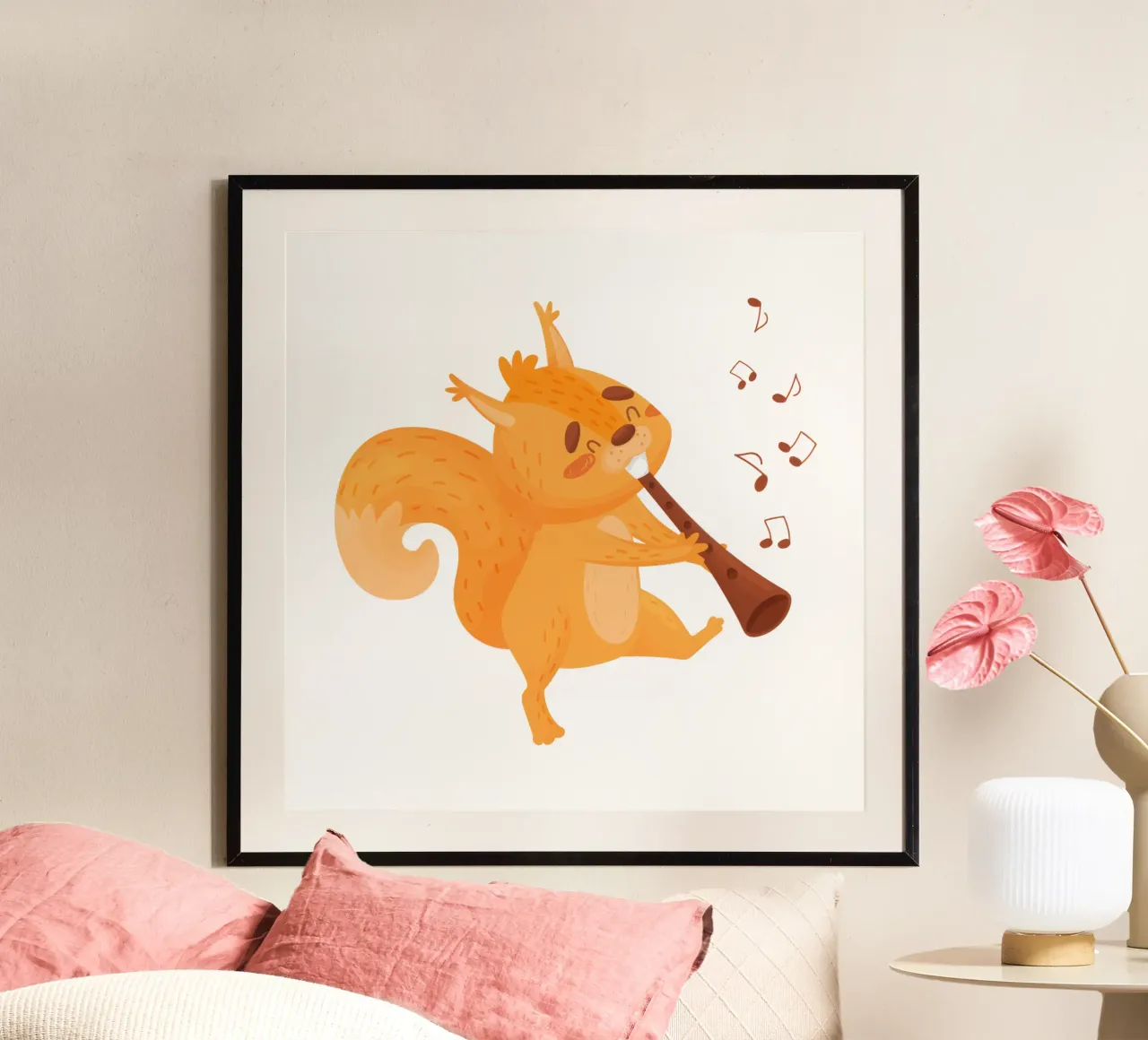 Scoiattolo arancione con flauto poster con telaio in alluminio da muench benjamin