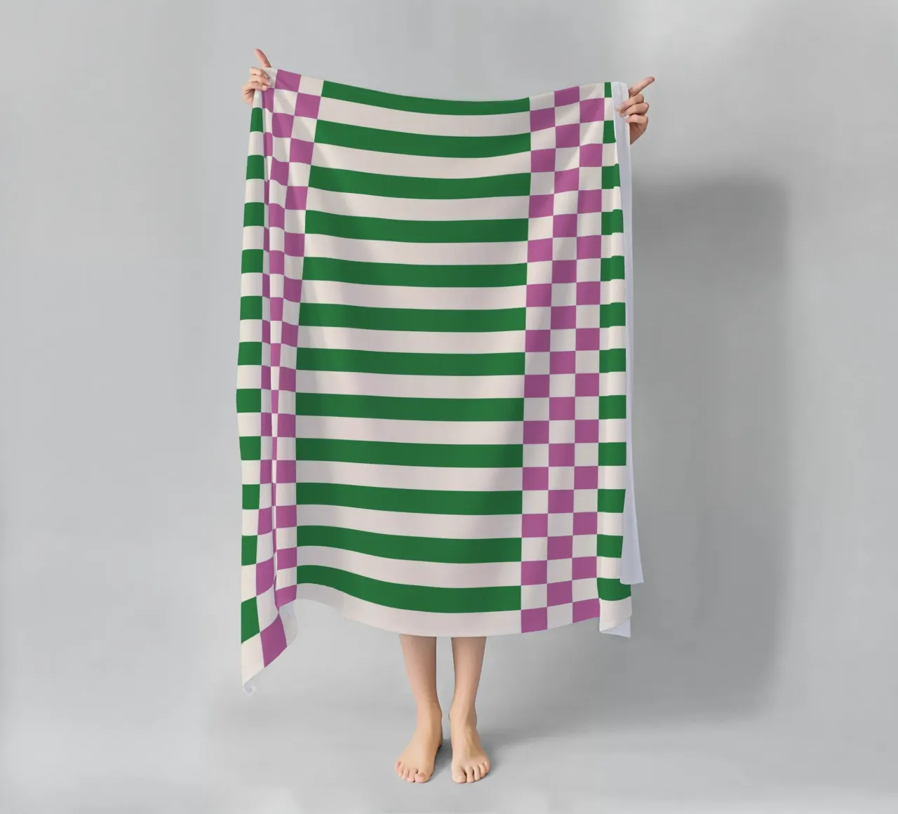 Purple and green checks and lines beach towel by TijanaArtStudio88