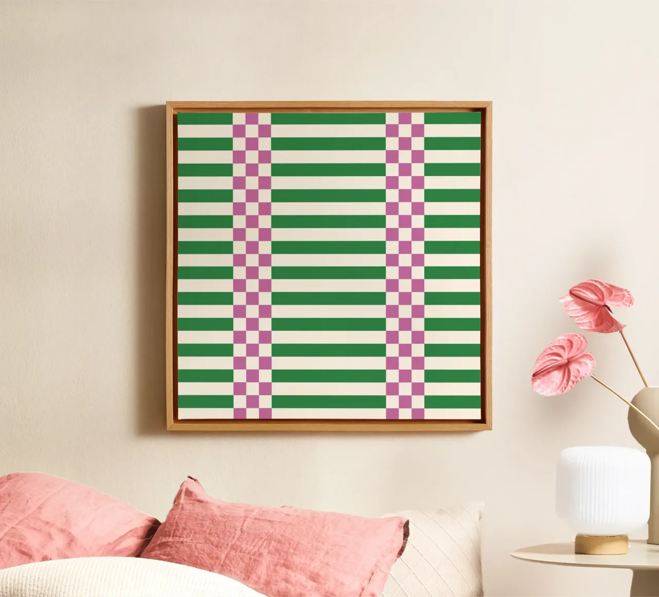 Purple and green checks and lines canvas with Floater frame by TijanaArtStudio88