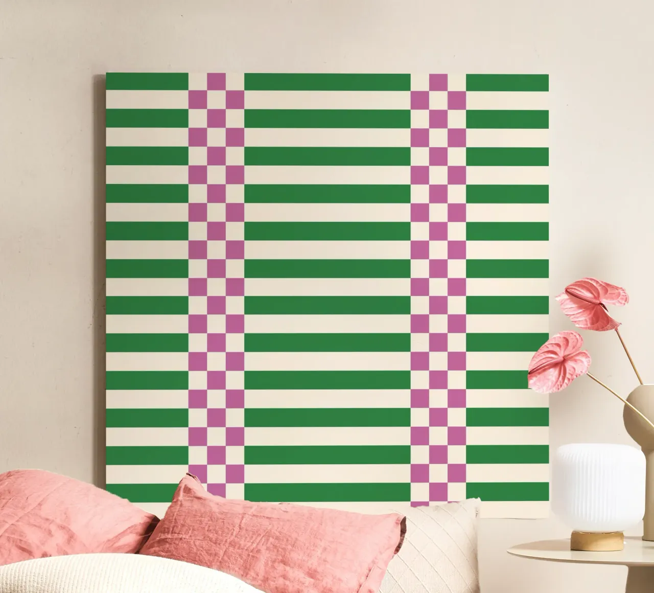 Purple and green checks and lines canvas with Floater frame by TijanaArtStudio88