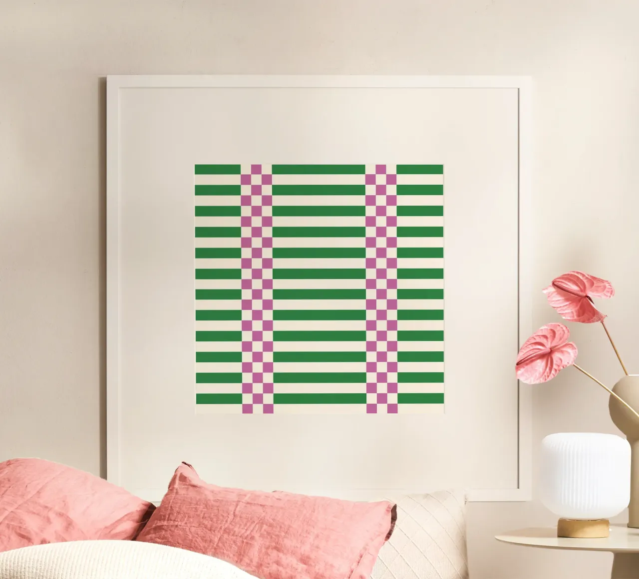 Purple and green checks and lines poster con telaio in plastica da TijanaArtStudio88