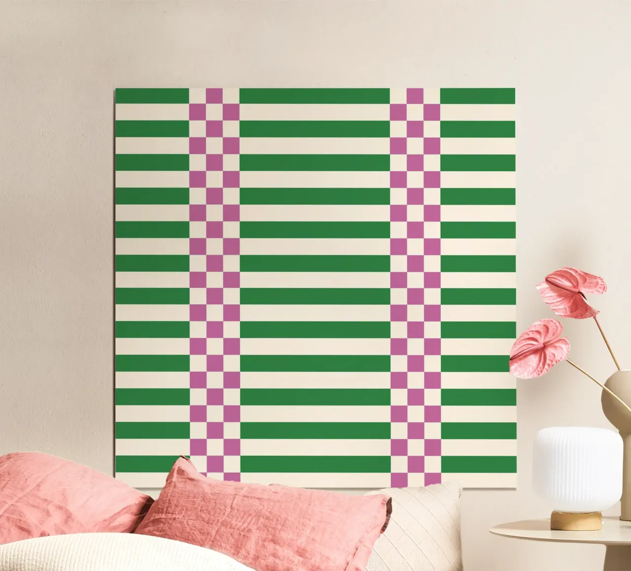 Purple and green checks and lines poster con telaio in plastica da TijanaArtStudio88