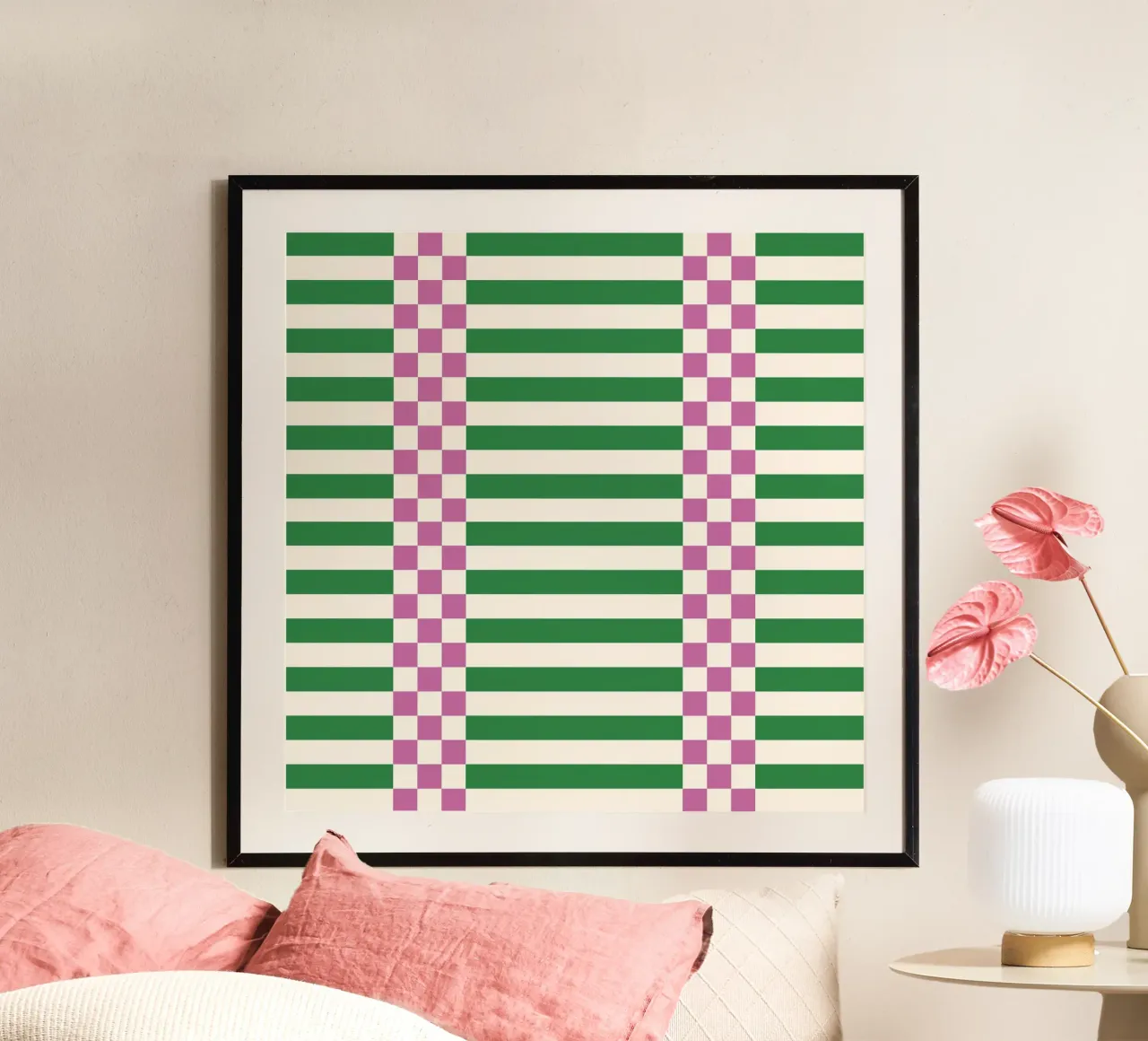 Purple and green checks and lines poster con telaio in plastica da TijanaArtStudio88