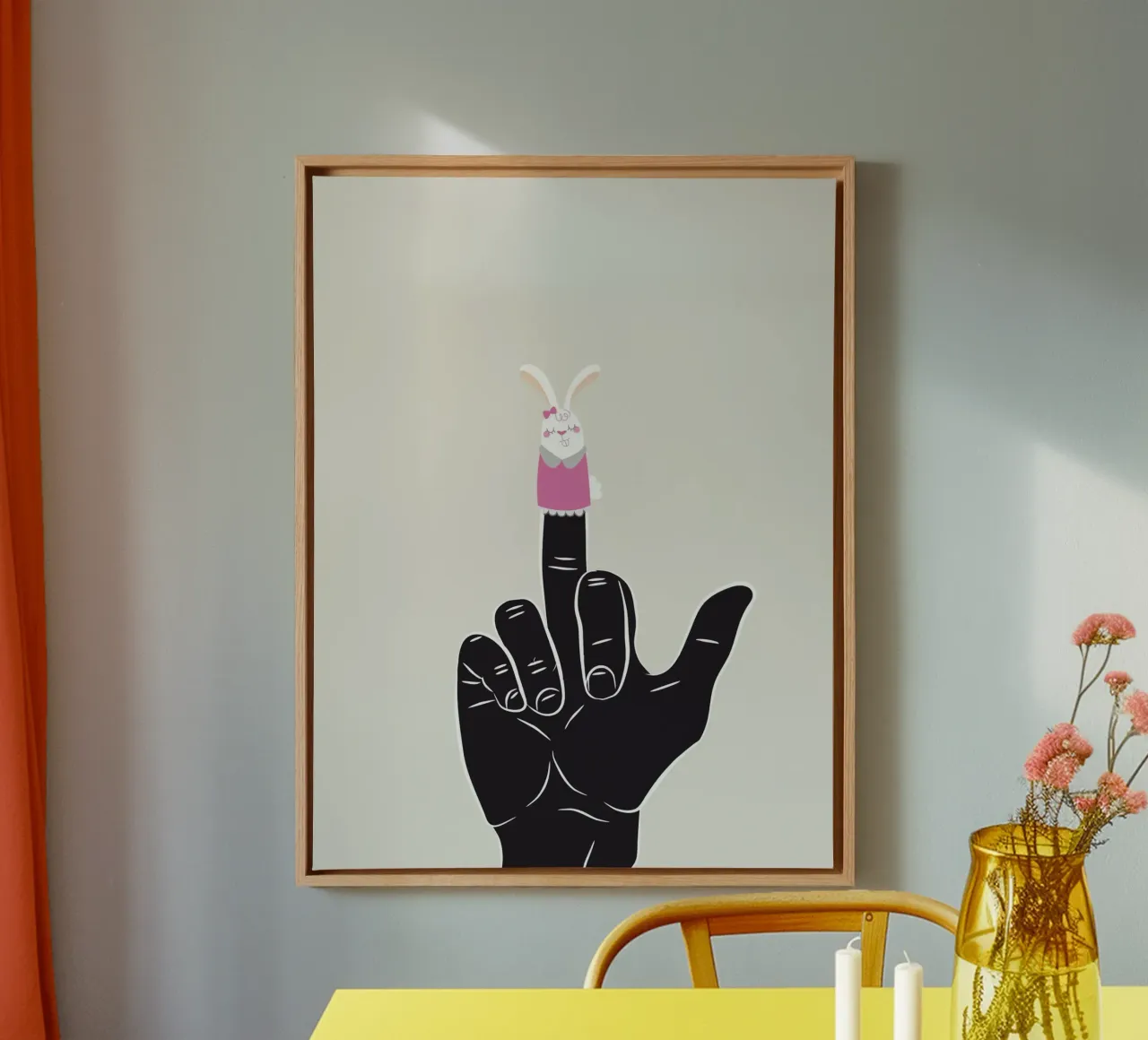of a Hand with a Bunny Finger Puppet canvas with Floater frame by dan band