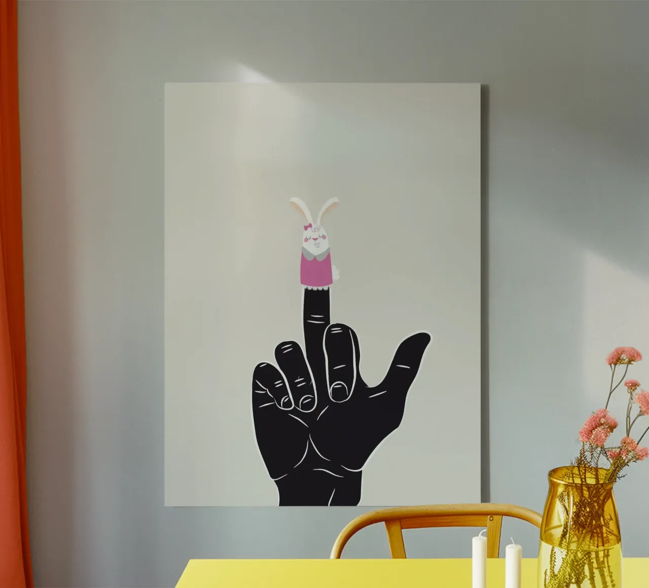 of a Hand with a Bunny Finger Puppet canvas with Floater frame by dan band
