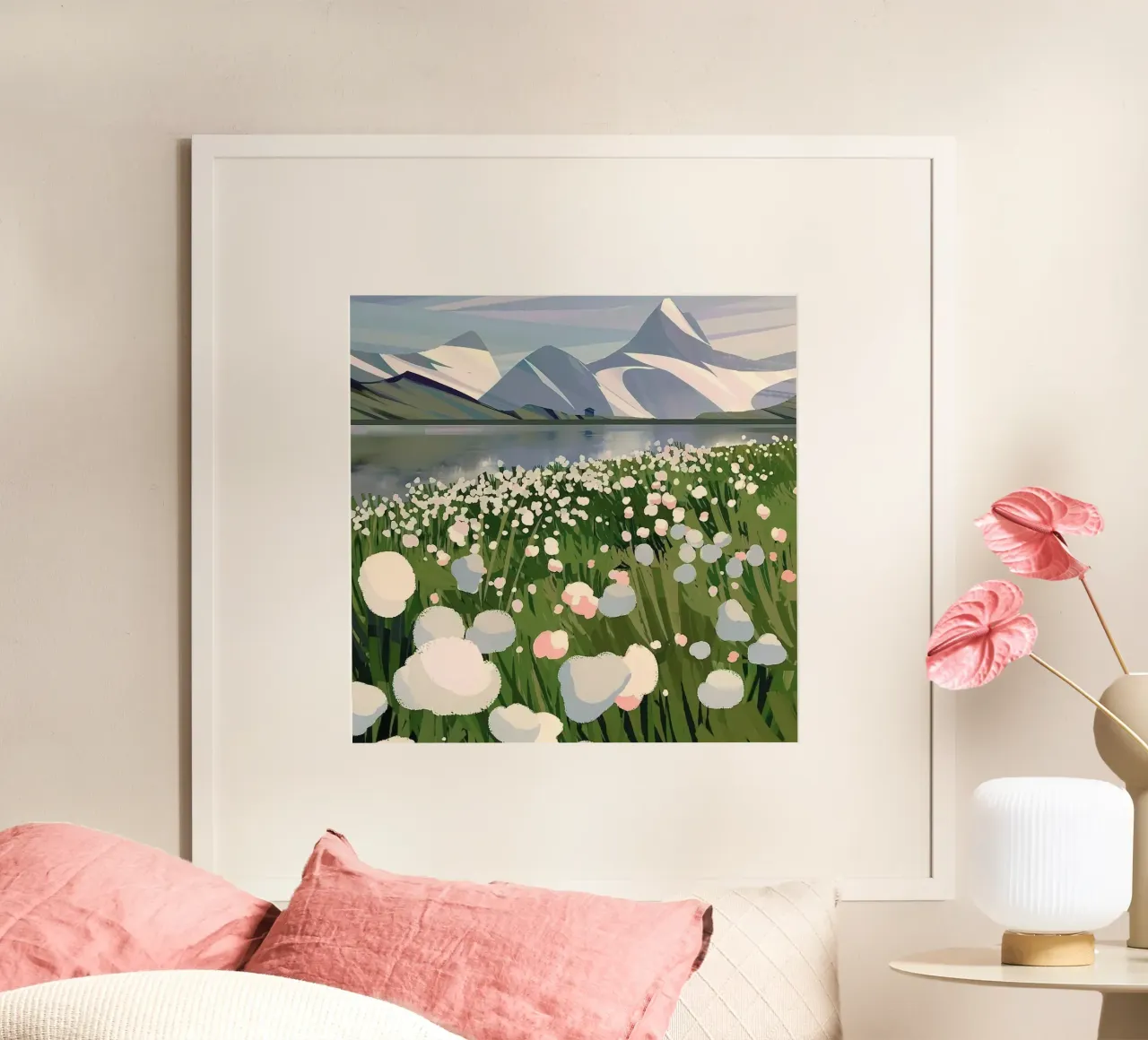 flower garden by the lake poster con telaio in alluminio da lily