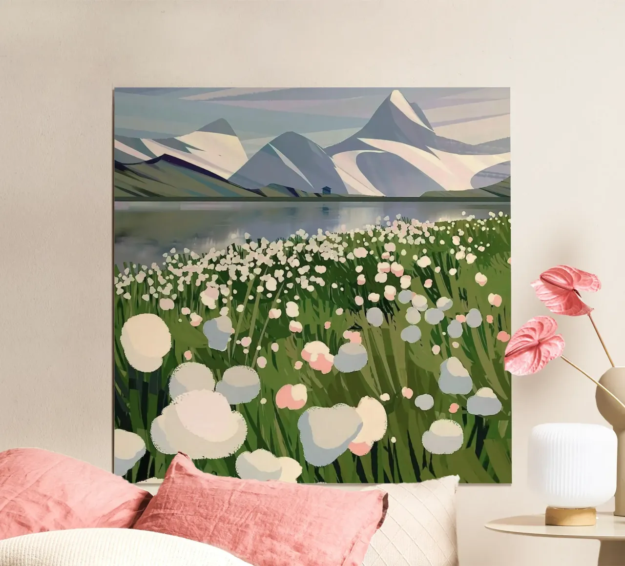 flower garden by the lake poster con telaio in alluminio da lily