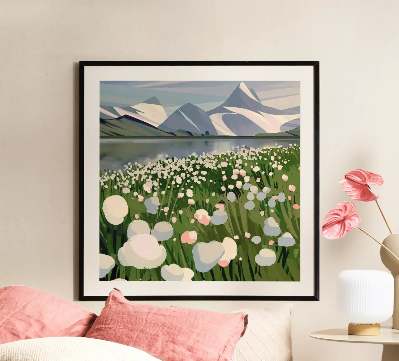 flower garden by the lake poster con telaio in alluminio da lily
