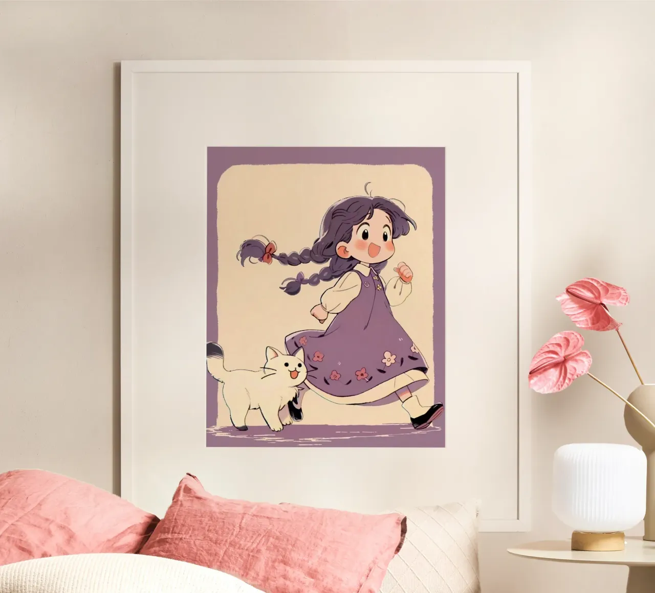 girl and kitty poster con telaio in plastica da lily