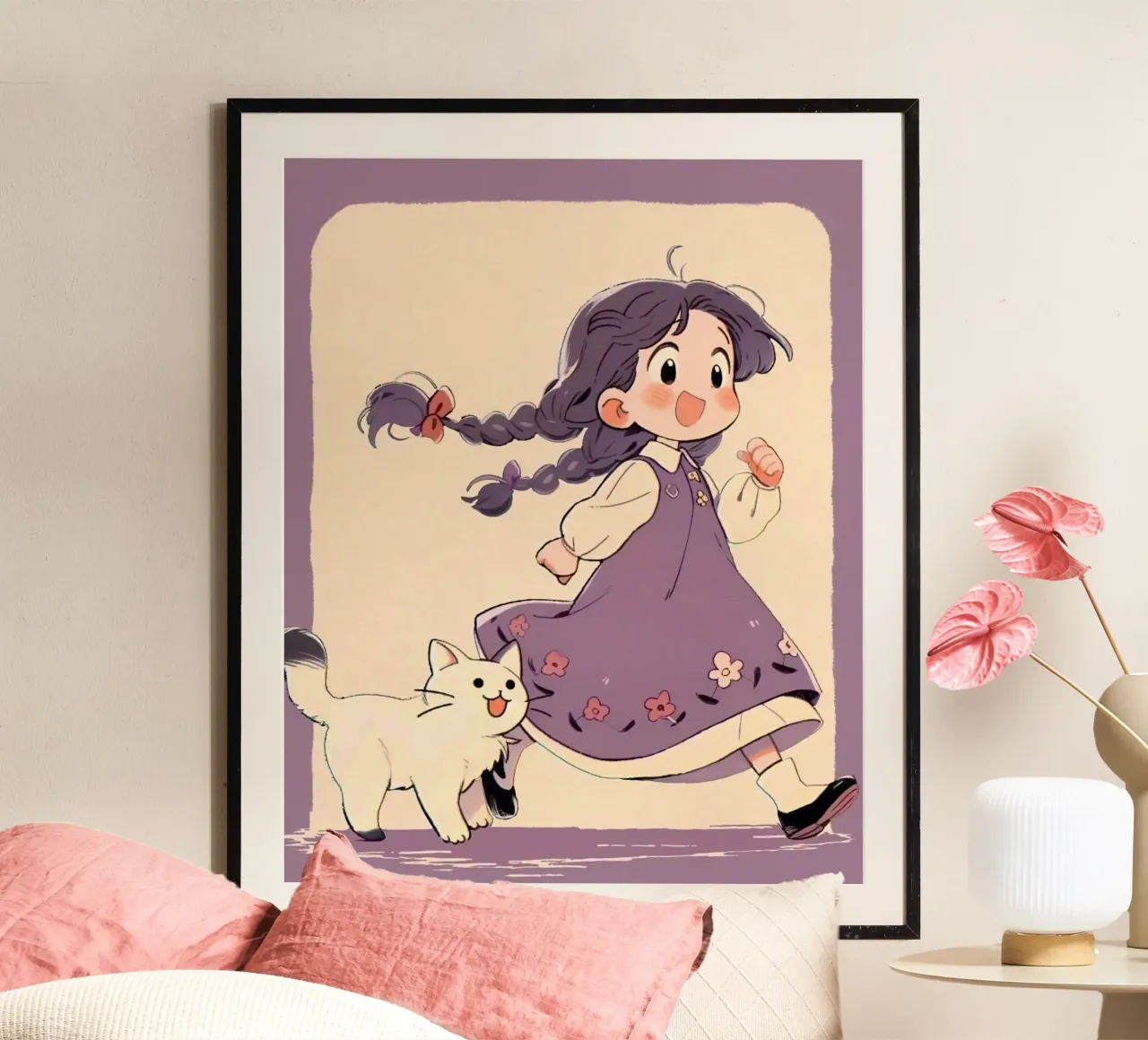 girl and kitty poster con telaio in plastica da lily
