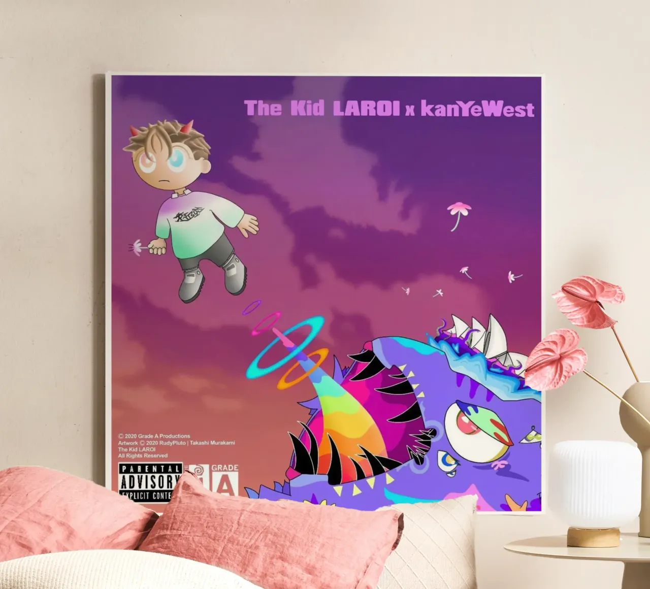 kanyes west camiseta de la gira glow in the dark lienzo con Marco flotante de martina