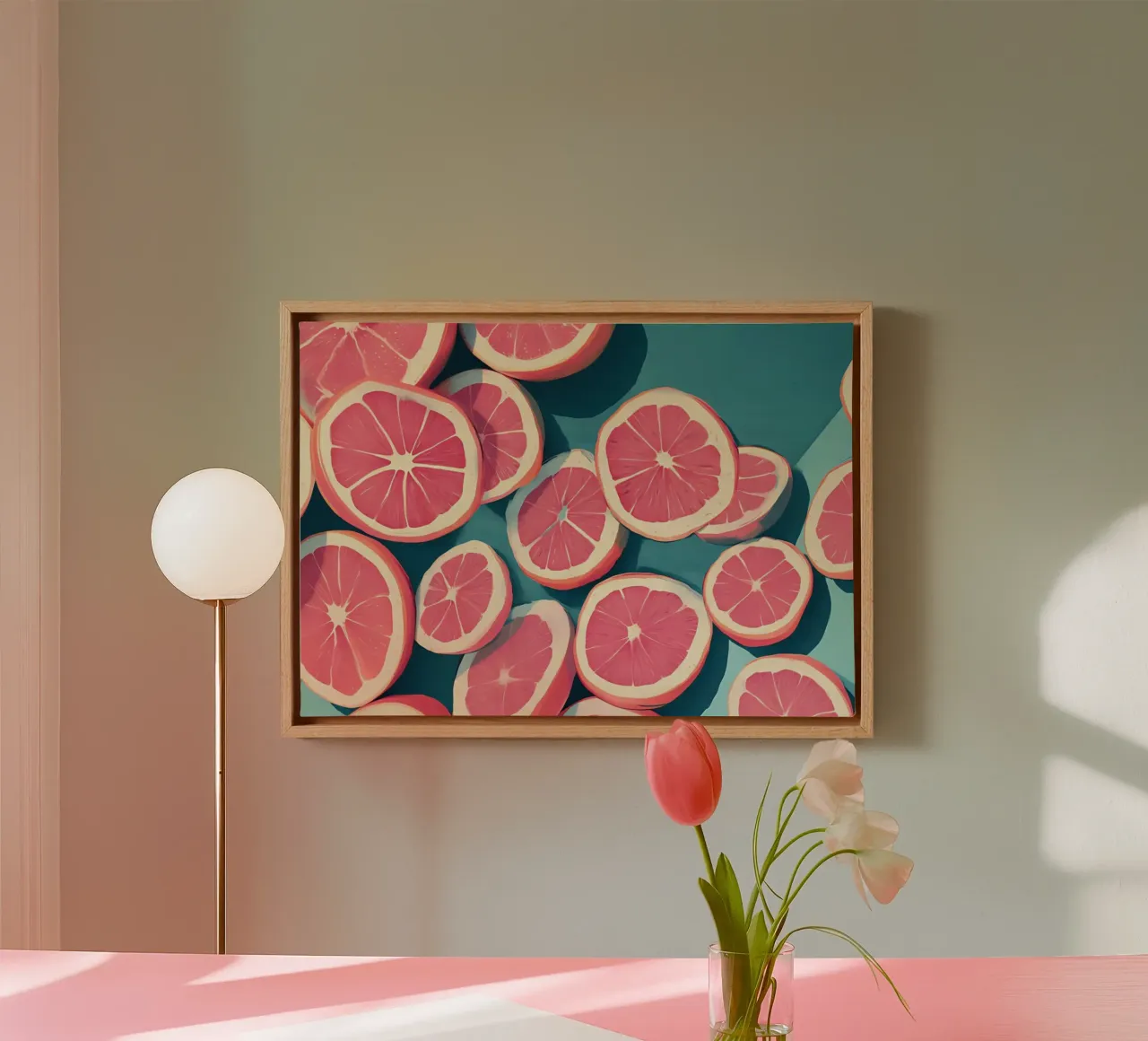 Grapefruit Pop Art, Abstract Fruit, Keukenmuurdecoratie canvas met Baklijst van vintagepod