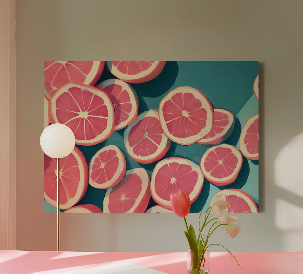 Grapefruit Pop Art, Abstract Fruit, Keukenmuurdecoratie canvas met Baklijst van vintagepod