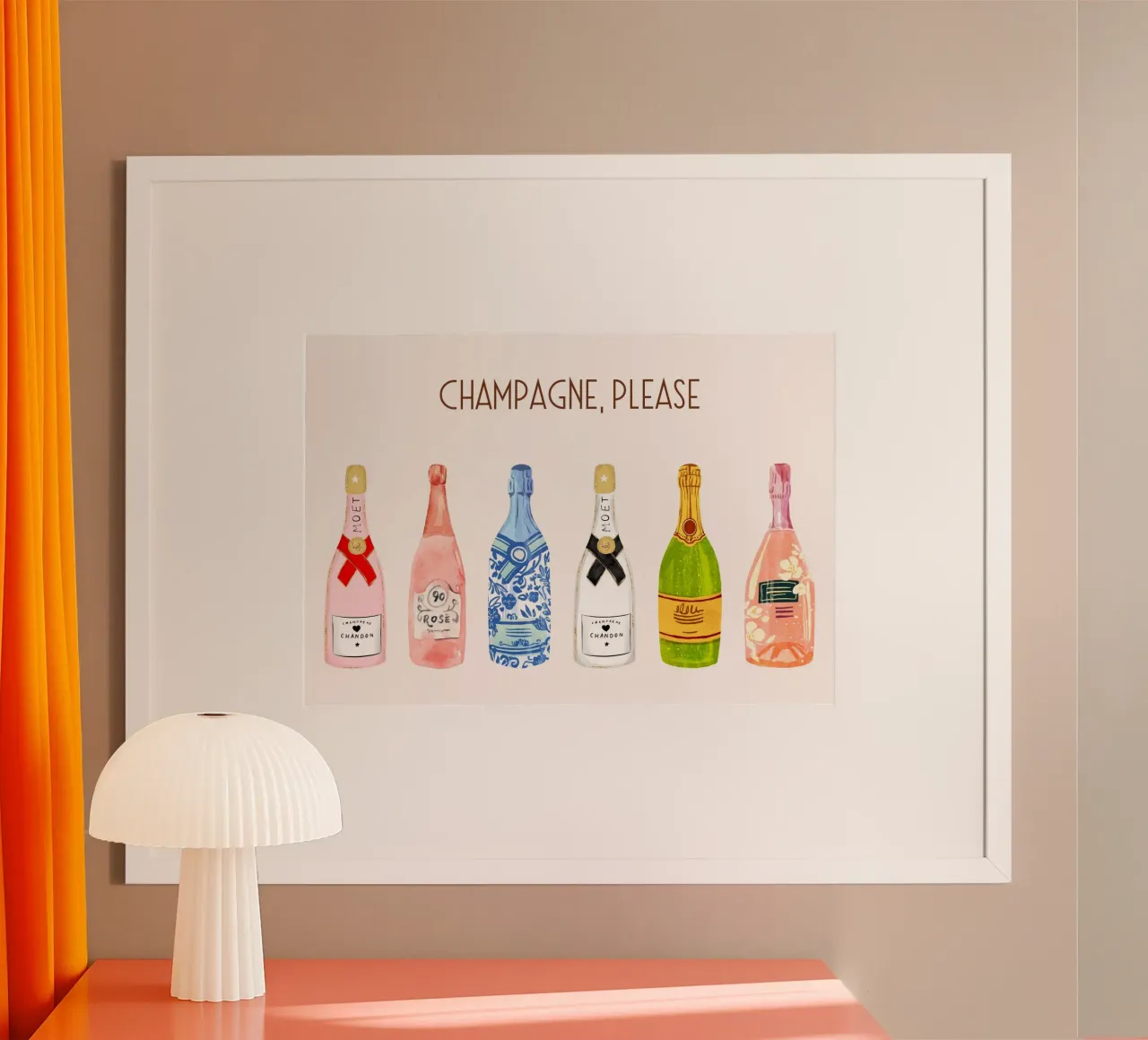 Champagne per favore! Illustrazione pop art e decorazioni per bar poster con telaio in legno da vintagepod