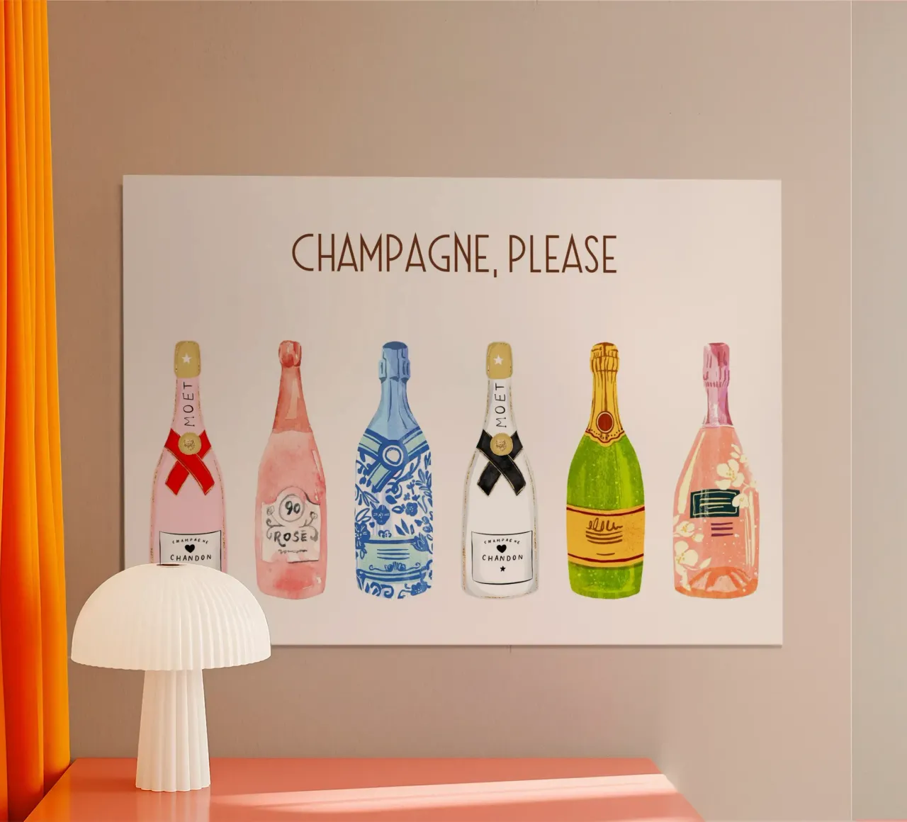 Champagne per favore! Illustrazione pop art e decorazioni per bar poster con telaio in legno da vintagepod