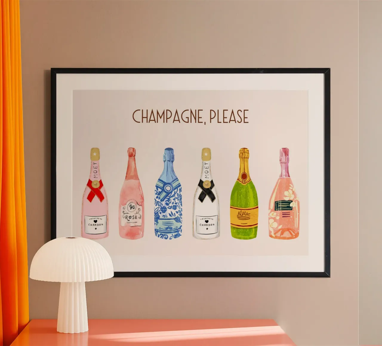 Champagne per favore! Illustrazione pop art e decorazioni per bar poster con telaio in legno da vintagepod
