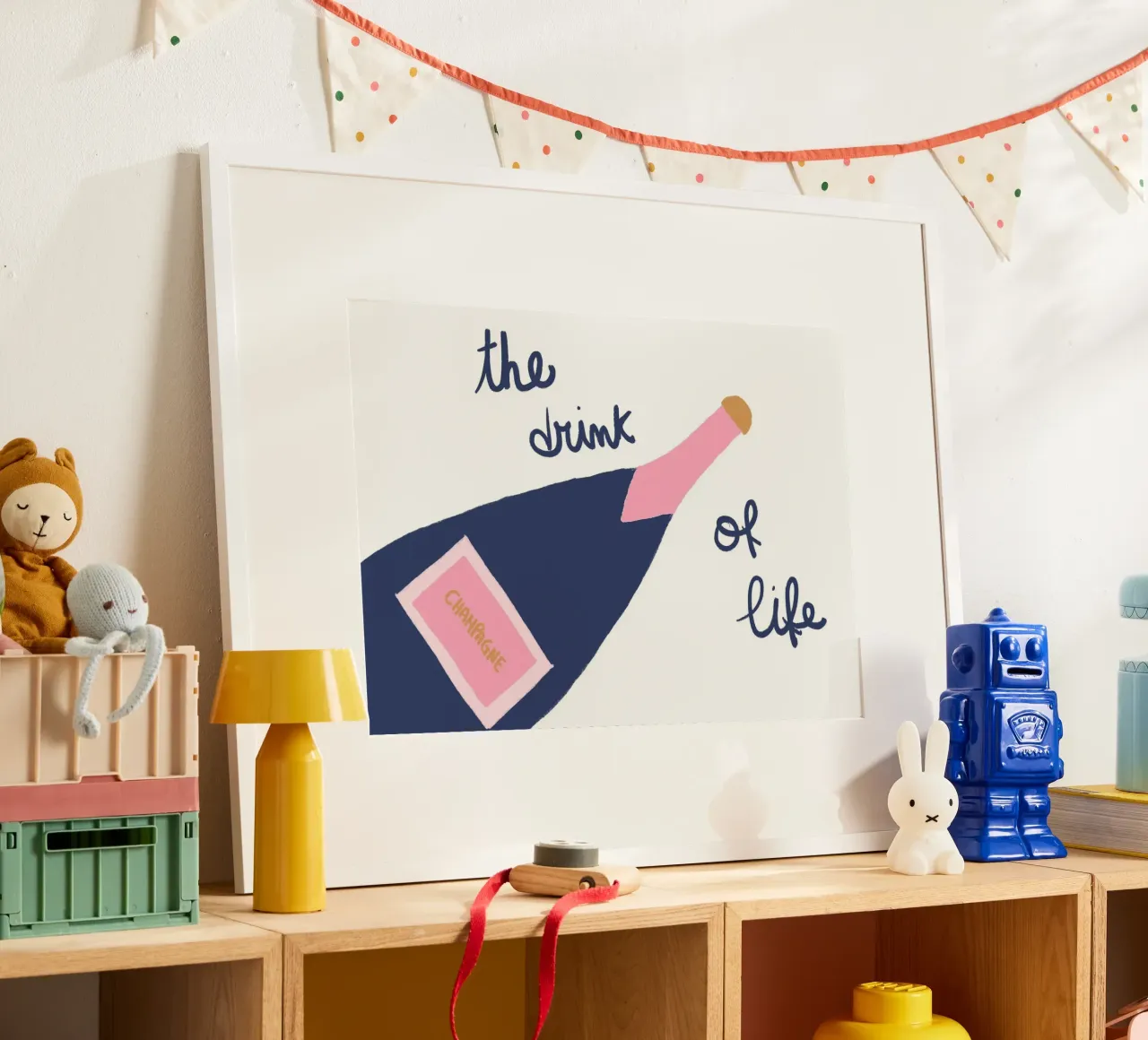 La bevanda della vita, Champagne Pop Art, arredamento per bar poster con telaio in legno da vintagepod