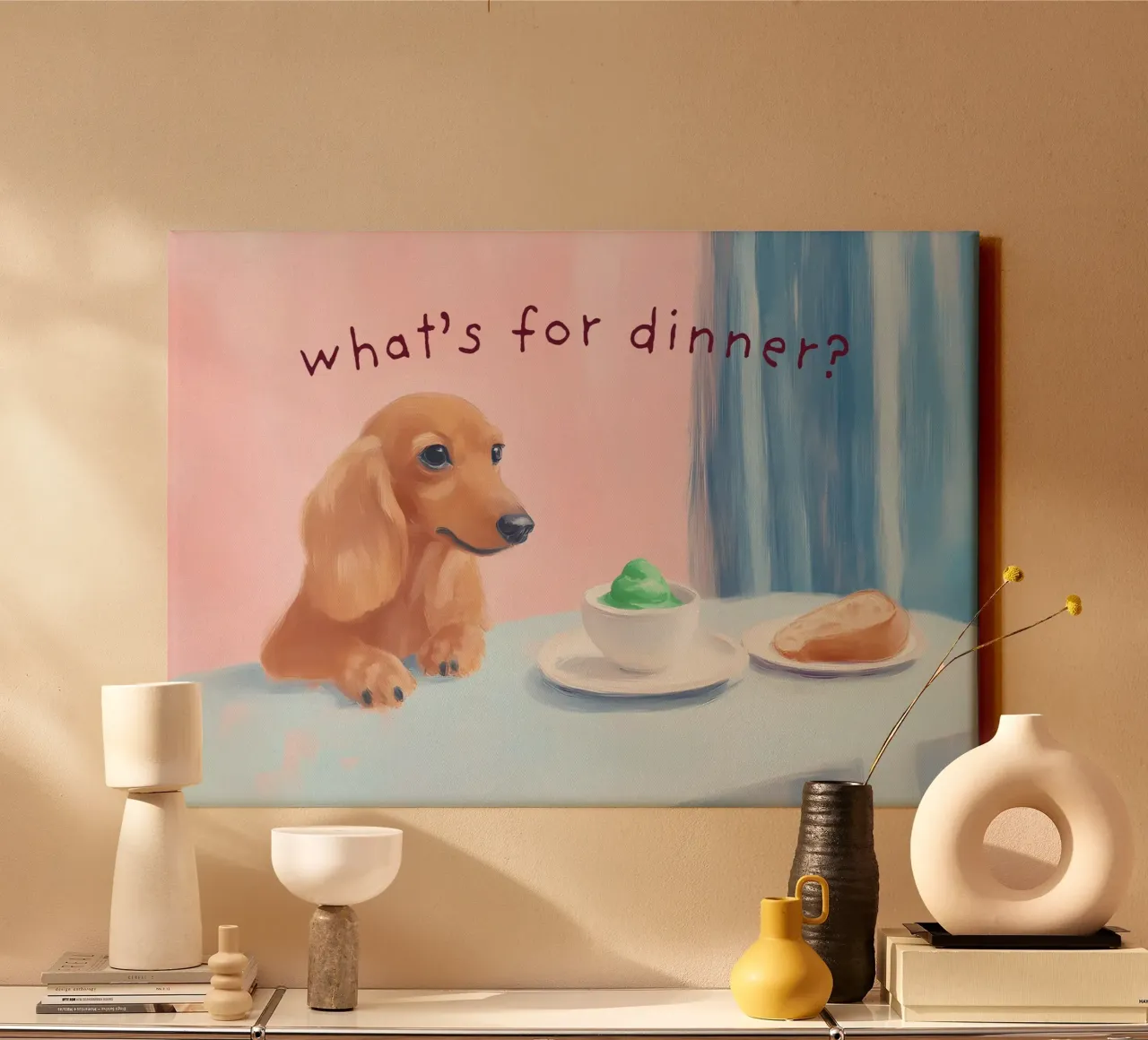 Was gibt's zu essen? Dackel Kunst, Hundeliebhaber Geschenk Leinwand mit Schattenfugenrahmen von vintagepod
