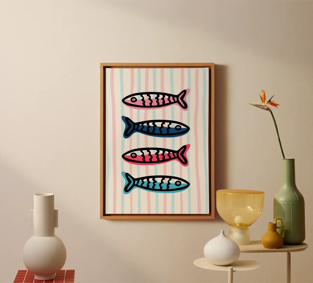 Sarde colorate, arredamento costiero, stile pop art tela con Cornice a cassetta da vintagepod