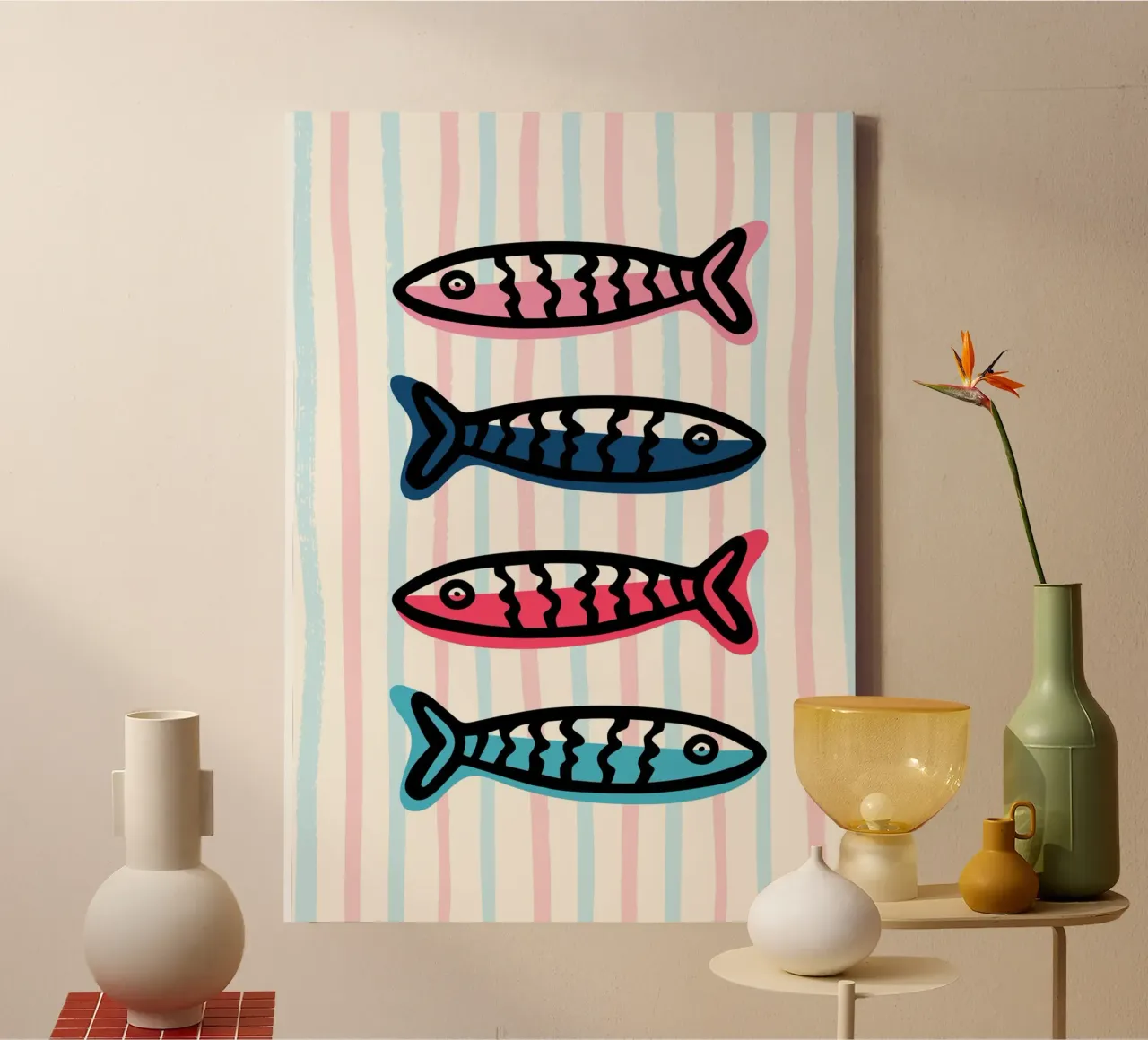 Sarde colorate, arredamento costiero, stile pop art tela con Cornice a cassetta da vintagepod