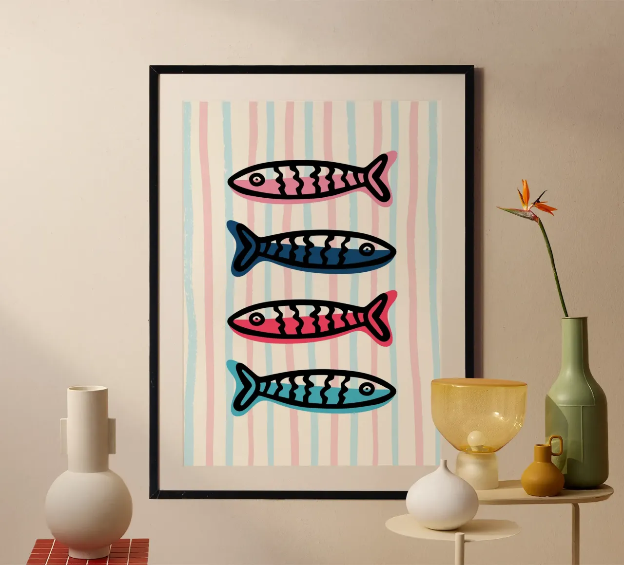 Sarde colorate, arredamento costiero, stile pop art poster con telaio in legno da vintagepod