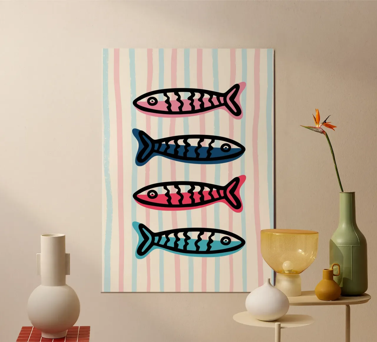 Sarde colorate, arredamento costiero, stile pop art poster con telaio in legno da vintagepod
