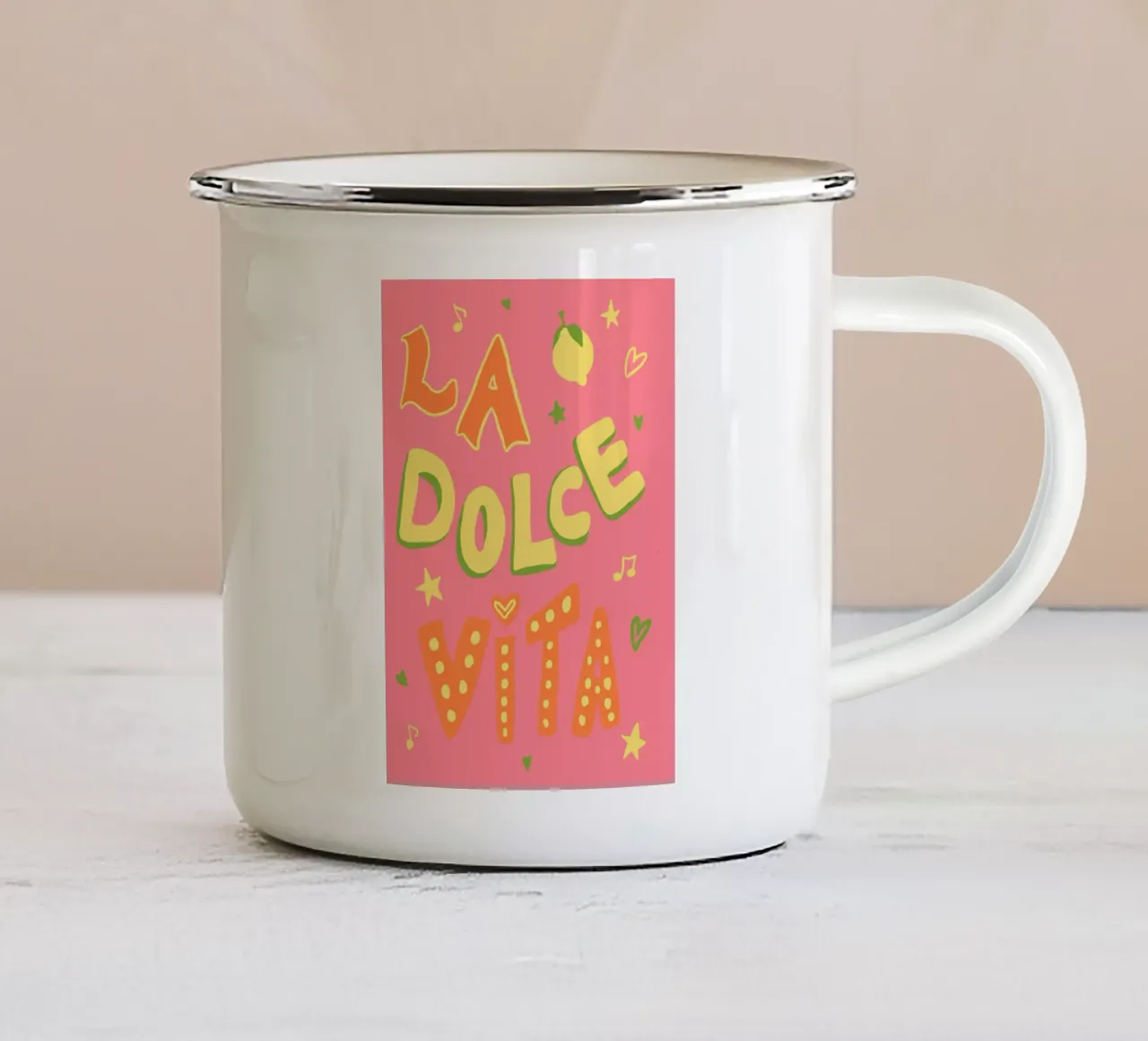 La dolce Vita pink enamel mug by Studio Dolci