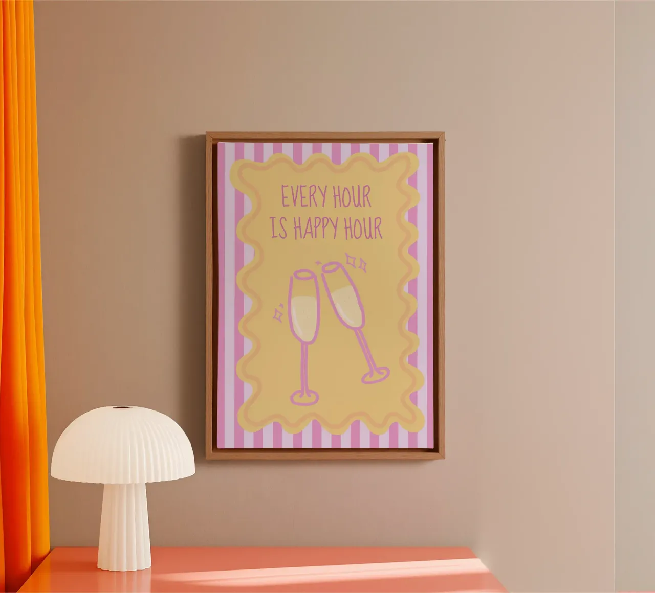 Every Hour Is Happy Hour, Champagne Toast, Bar Decor canvas with Floater frame by vintagepod
