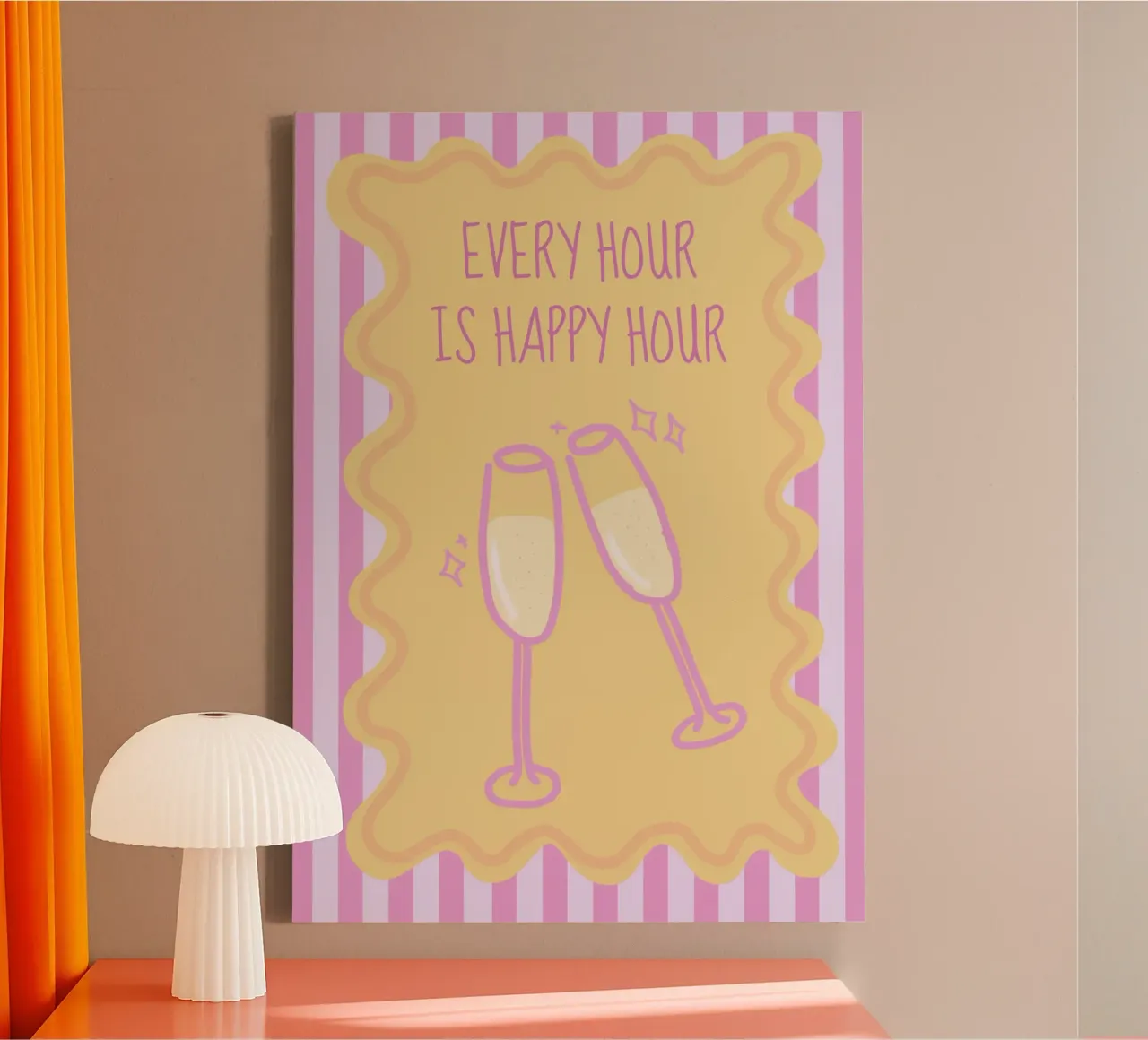 Every Hour Is Happy Hour, Champagne Toast, Bar Decor canvas with Floater frame by vintagepod