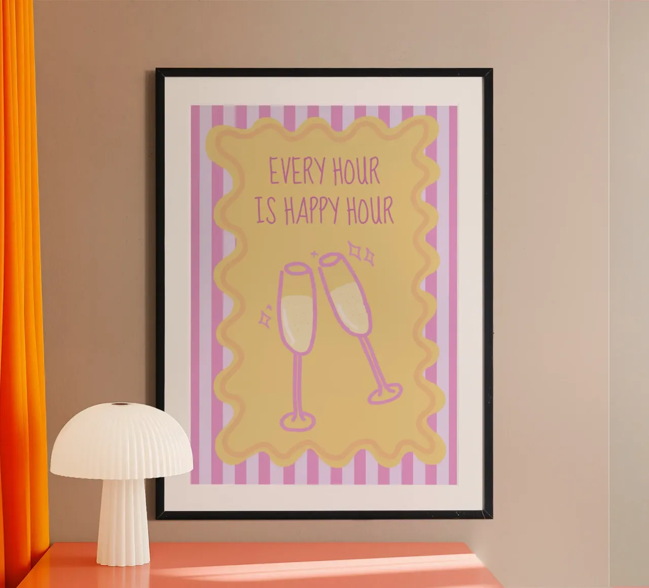 Every Hour Is Happy Hour, Brindis con champán, Decoración de bar poster con marco de aluminio de vintagepod