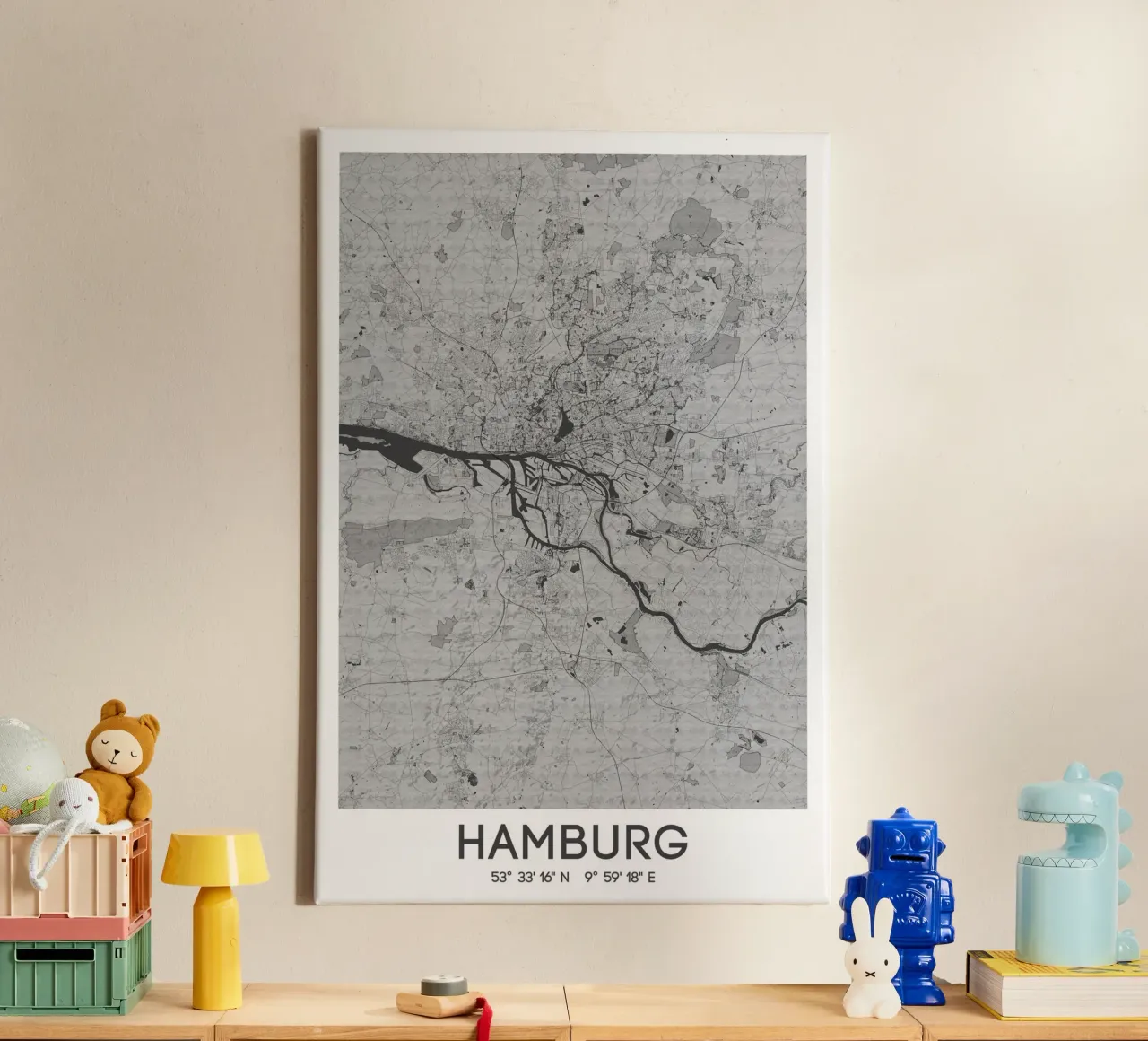 Kunstposter Hamburg - Stadsplattegrond in modern ontwerp canvas met Baklijst van CityMapPoster