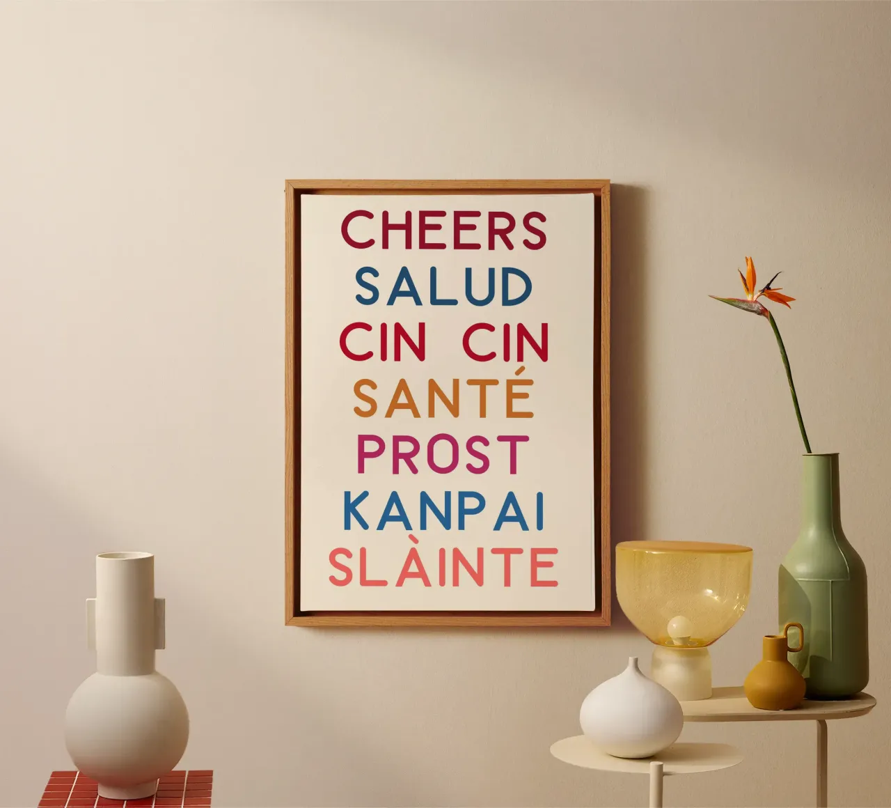 Cheers World! Bar Decor, Multilingual Toast Print canvas with Floater frame by vintagepod