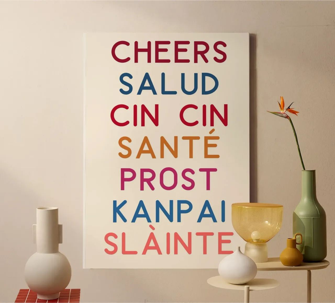 Cheers World! Bar Decor, Multilingual Toast Print canvas with Floater frame by vintagepod