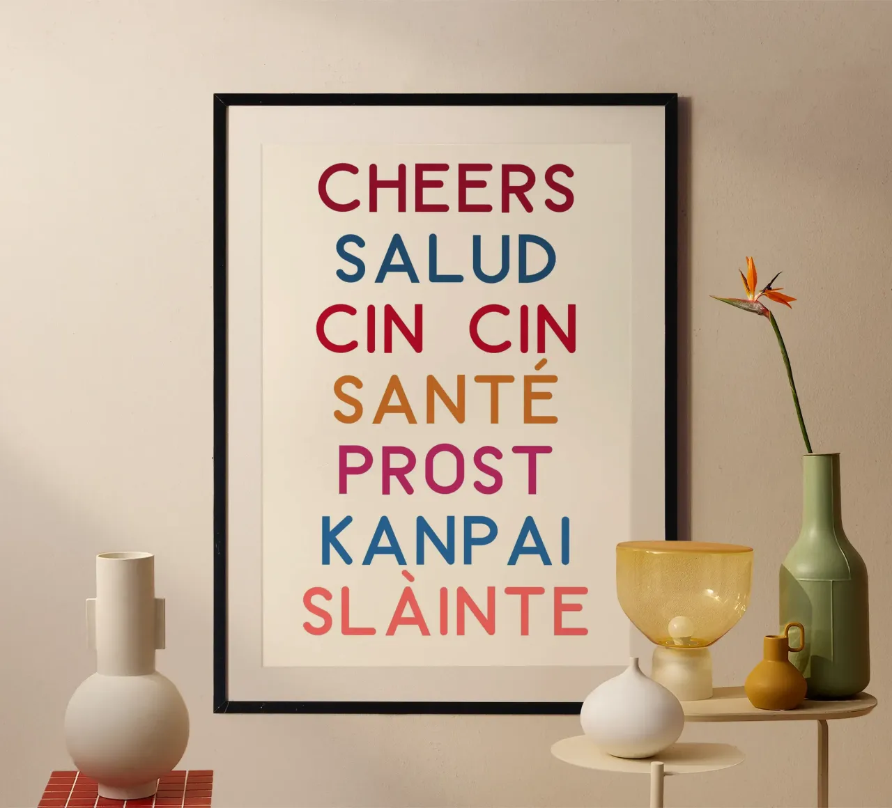 Prost Welt! Bar-Deko, mehrsprachiger Toastdruck Poster mit Holzrahmen von vintagepod
