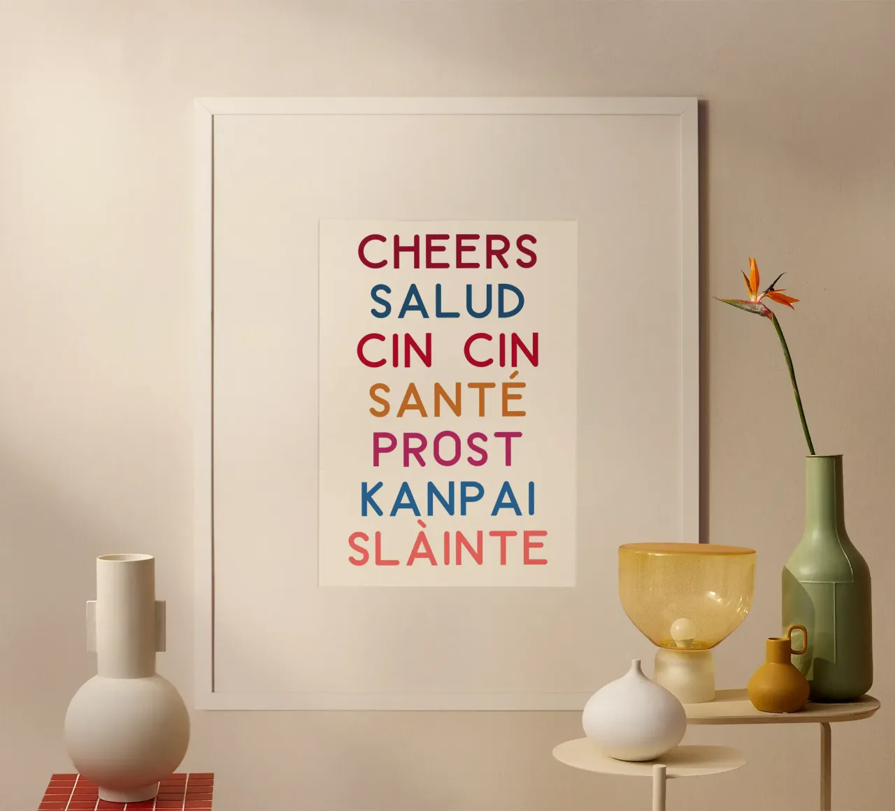 Prost Welt! Bar-Deko, mehrsprachiger Toastdruck Poster mit Holzrahmen von vintagepod