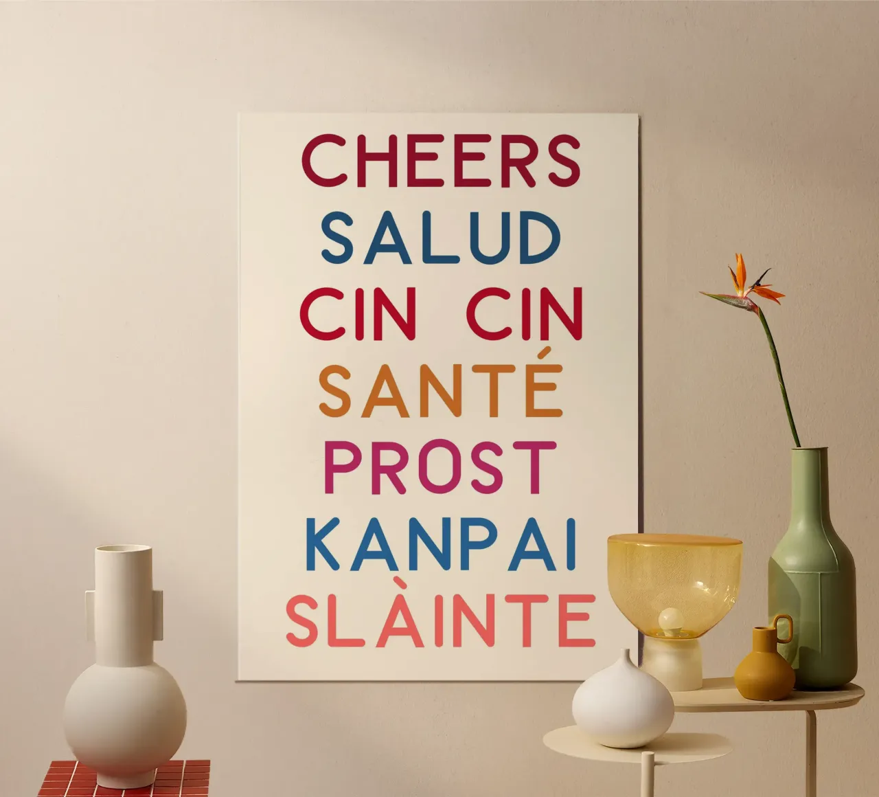 Prost Welt! Bar-Deko, mehrsprachiger Toastdruck Poster mit Holzrahmen von vintagepod
