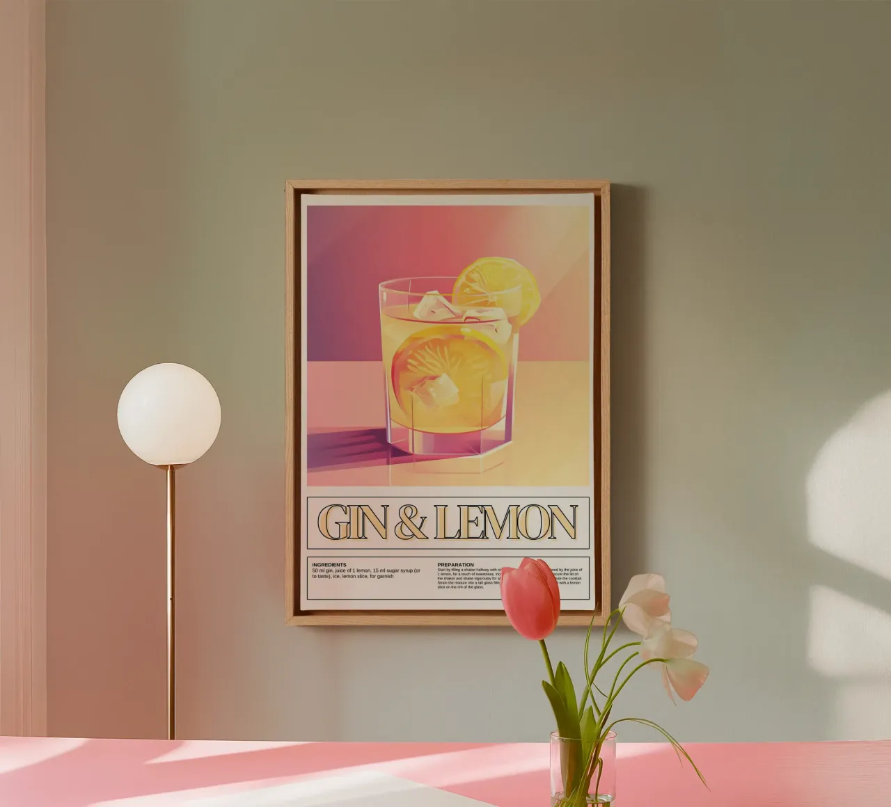 Gin & Zitrone Cocktail, Bar Dekoration, Retro Druck Leinwand mit Schattenfugenrahmen von vintagepod