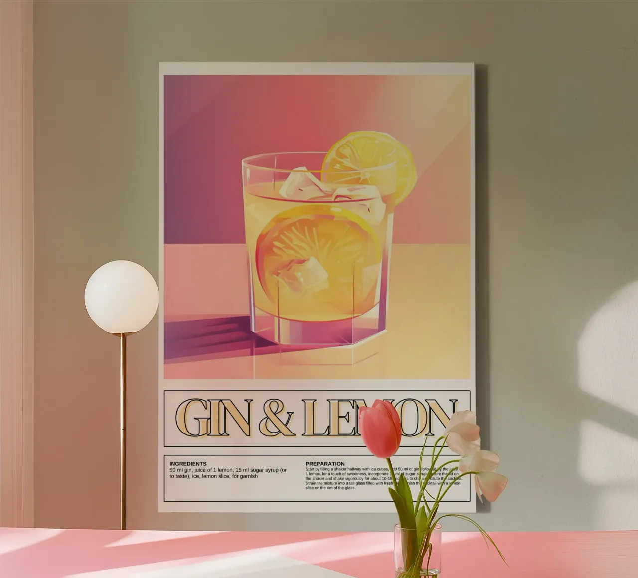 Gin & Zitrone Cocktail, Bar Dekoration, Retro Druck Leinwand mit Schattenfugenrahmen von vintagepod