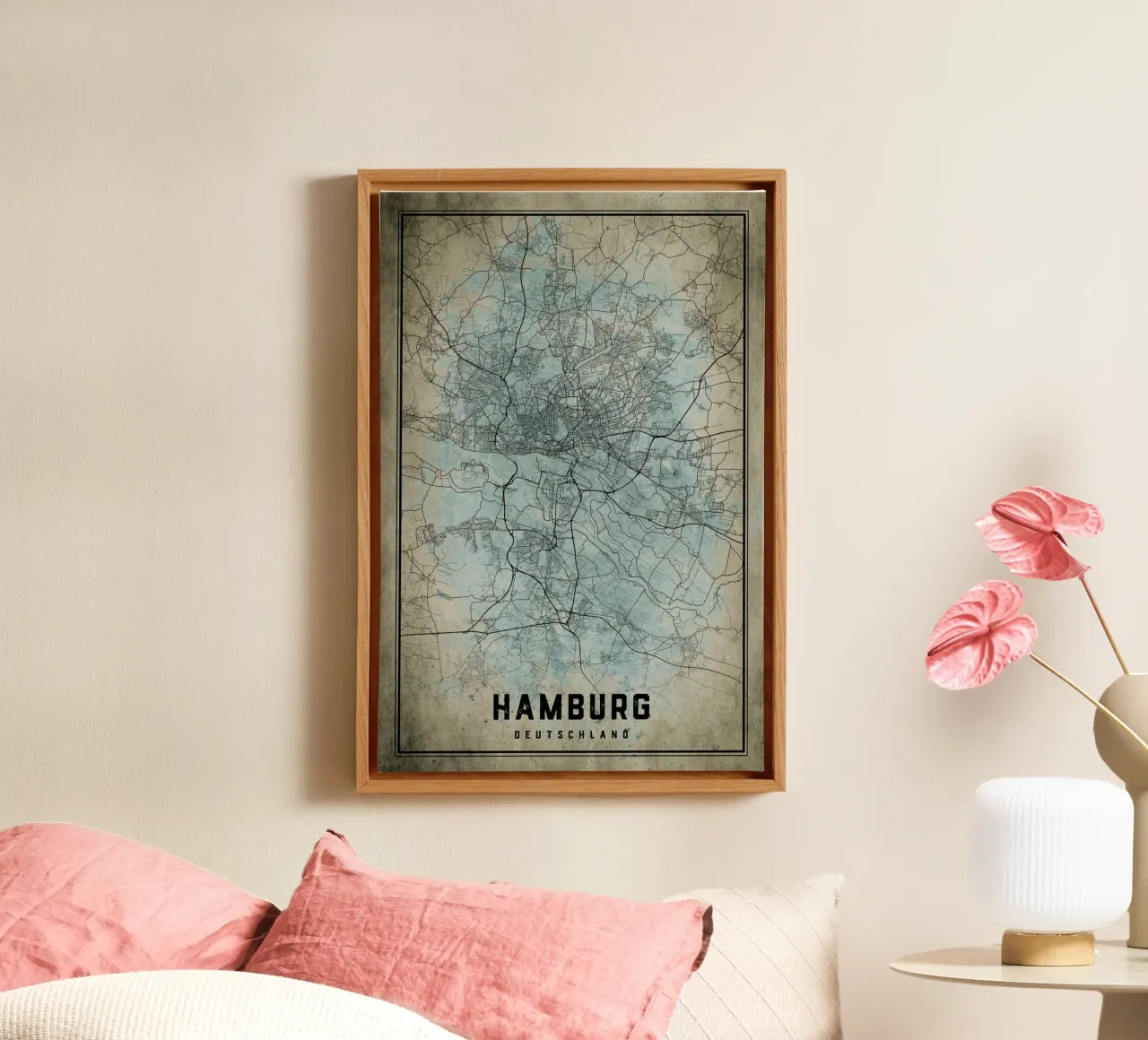 Muurschildering Hamburg - Abstracte stadsplattegrond in kunstvorm canvas met Baklijst van CityMapPoster