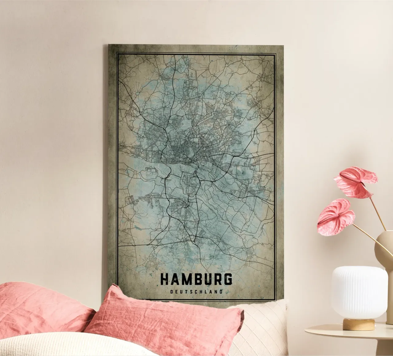 Muurschildering Hamburg - Abstracte stadsplattegrond in kunstvorm canvas met Baklijst van CityMapPoster