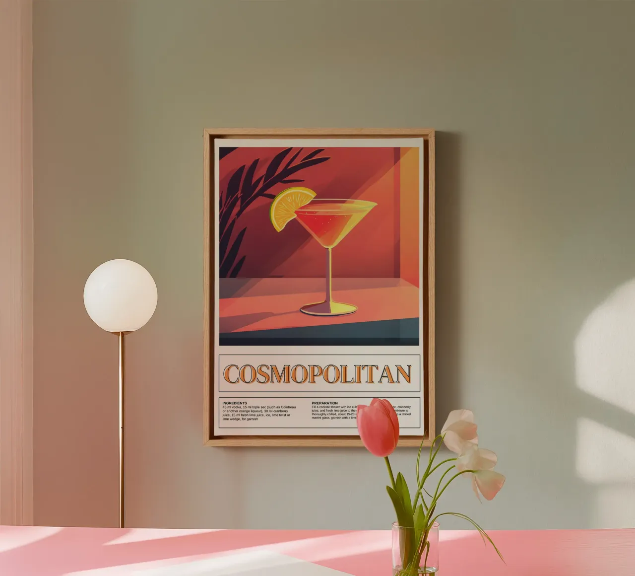 Cosmopolitan Cocktail, Bar Decor, Retro Print canvas met Baklijst van vintagepod